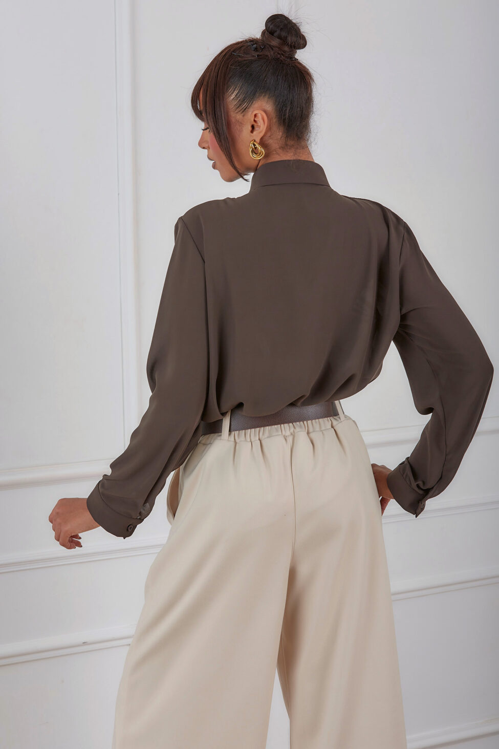 Juicy πουκάμισο ζορζέτα καφέ - Image 4