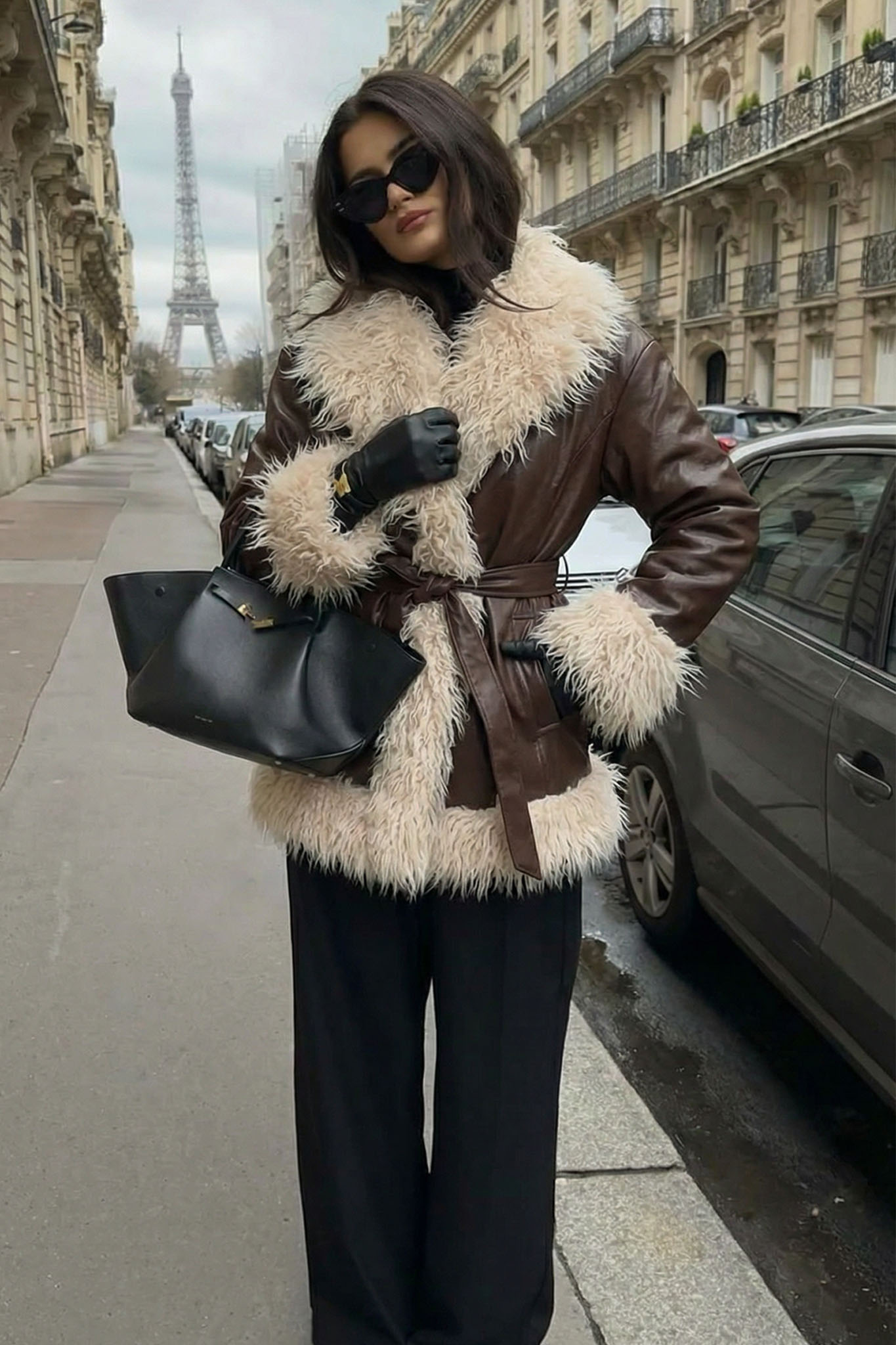 Laren τζάκετ δερματίνης με γούναk και ζώνη καφέ Laren τζάκετ δερματίνης με γούναk και ζώνη καφέ - Image 1