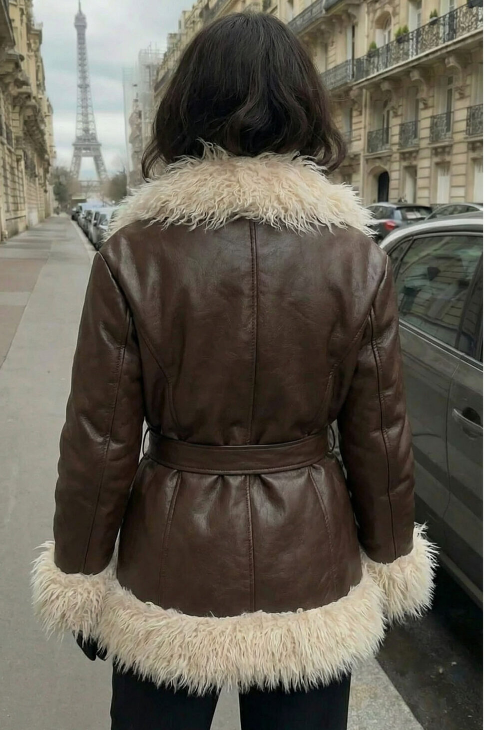 Laren τζάκετ δερματίνης με γούναk και ζώνη καφέ - Image 2