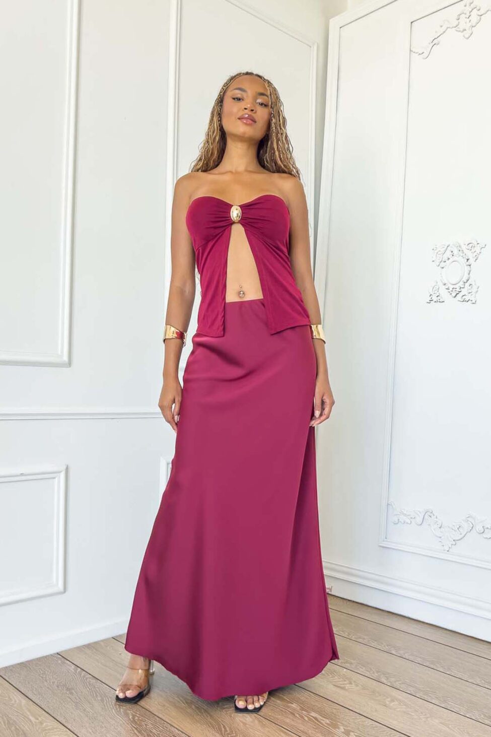 Lumen μακριά φούστα με όψη σατέν μπορντό - Image 2