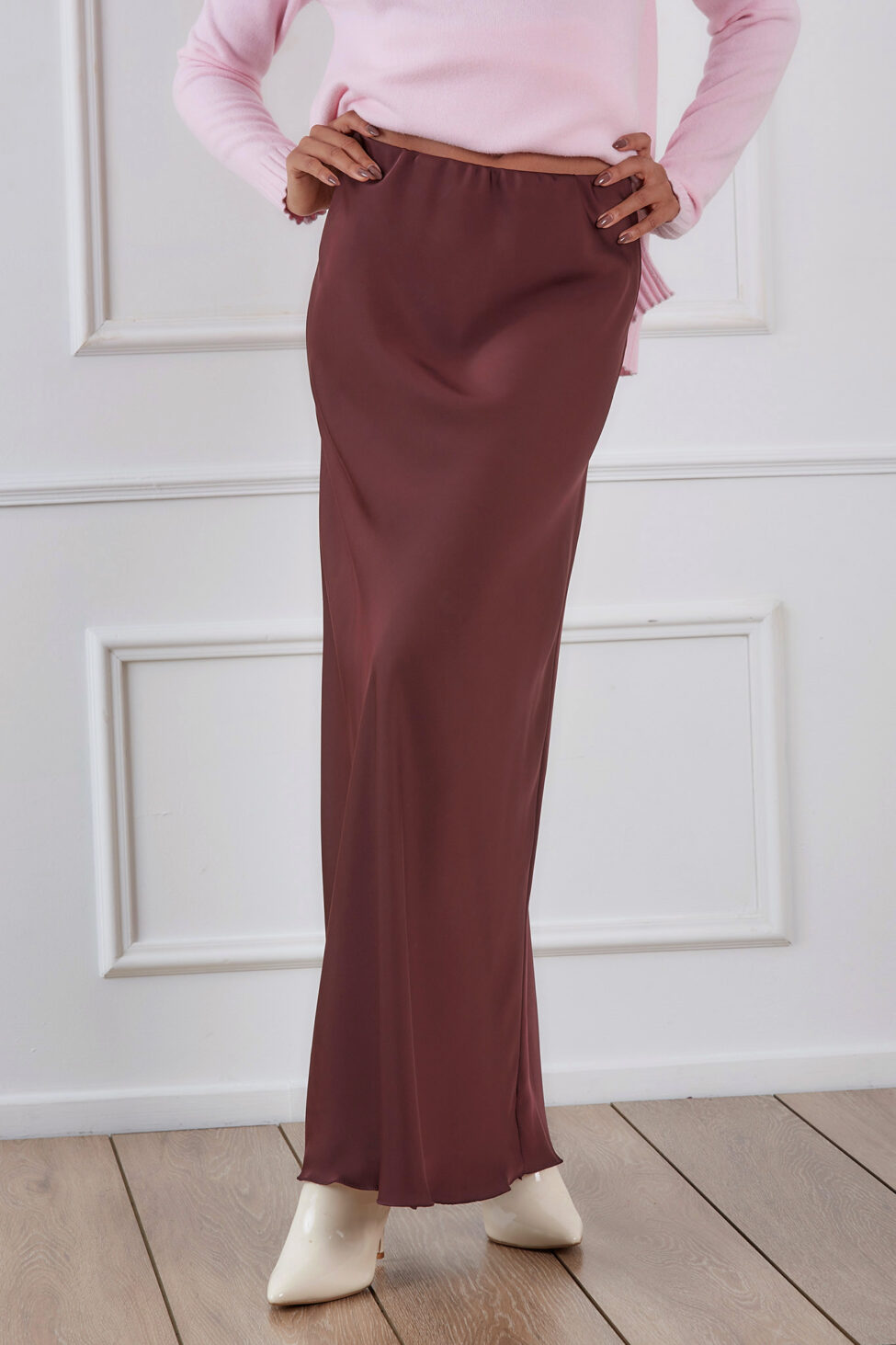 Lumen μακριά φούστα με όψη σατέν μπορντό - Image 6