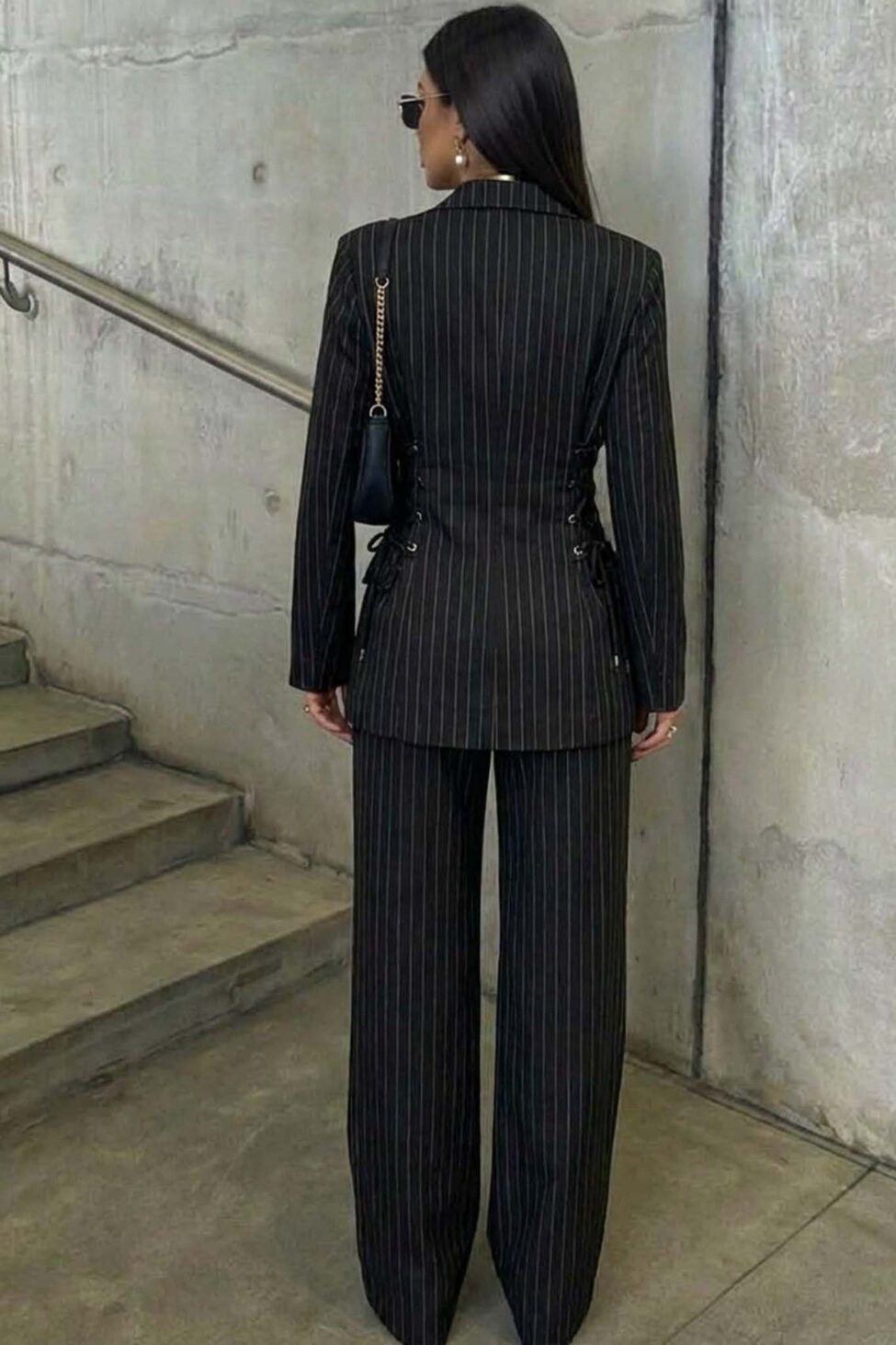 Manet σετ pinstripe σακάκι με παντελόνι μαύρο - Image 2