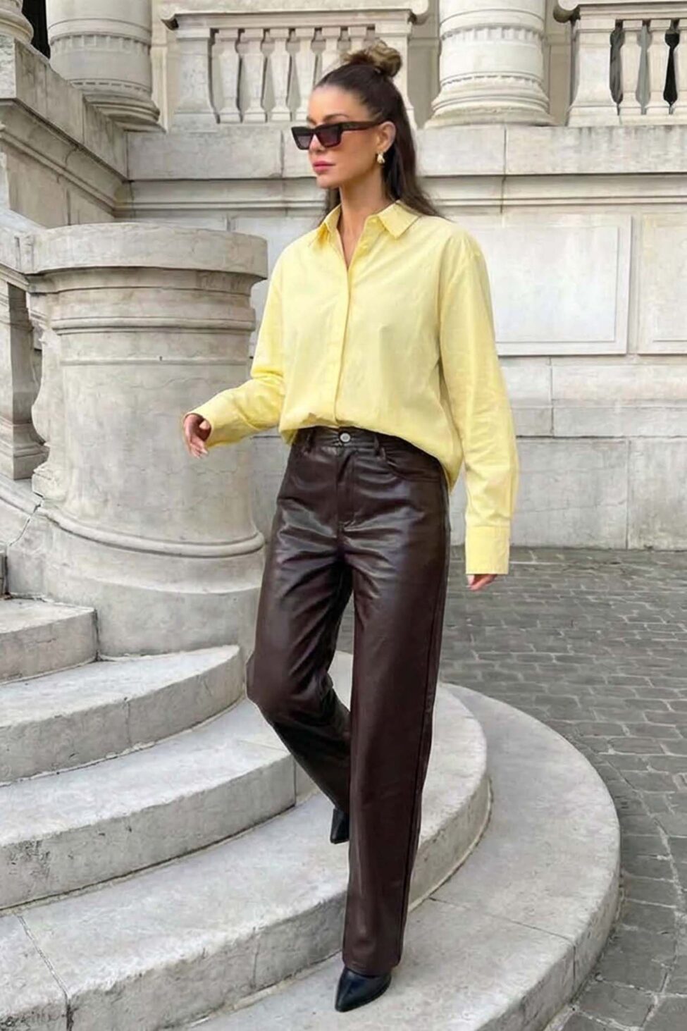 Nixon σετ πουκάμισο με παντελόνι δερματίνης καφέ - Image 2