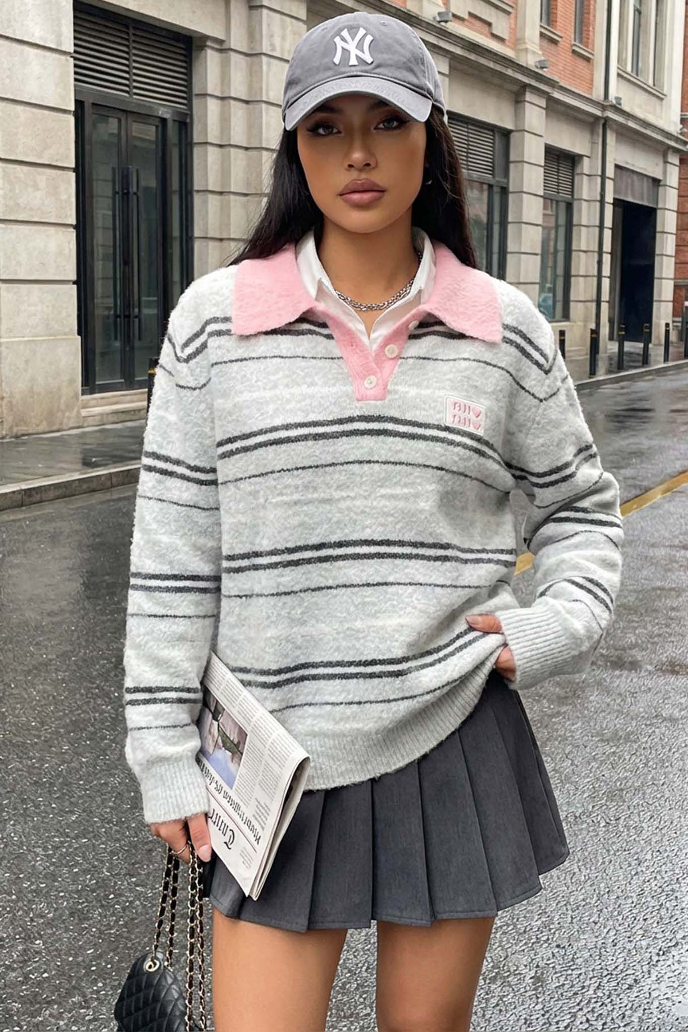 Pink Cloud πλεκτό πουλόβερ με γιακά γκρι Pink Cloud πλεκτό πουλόβερ με γιακά γκρι - Image 1