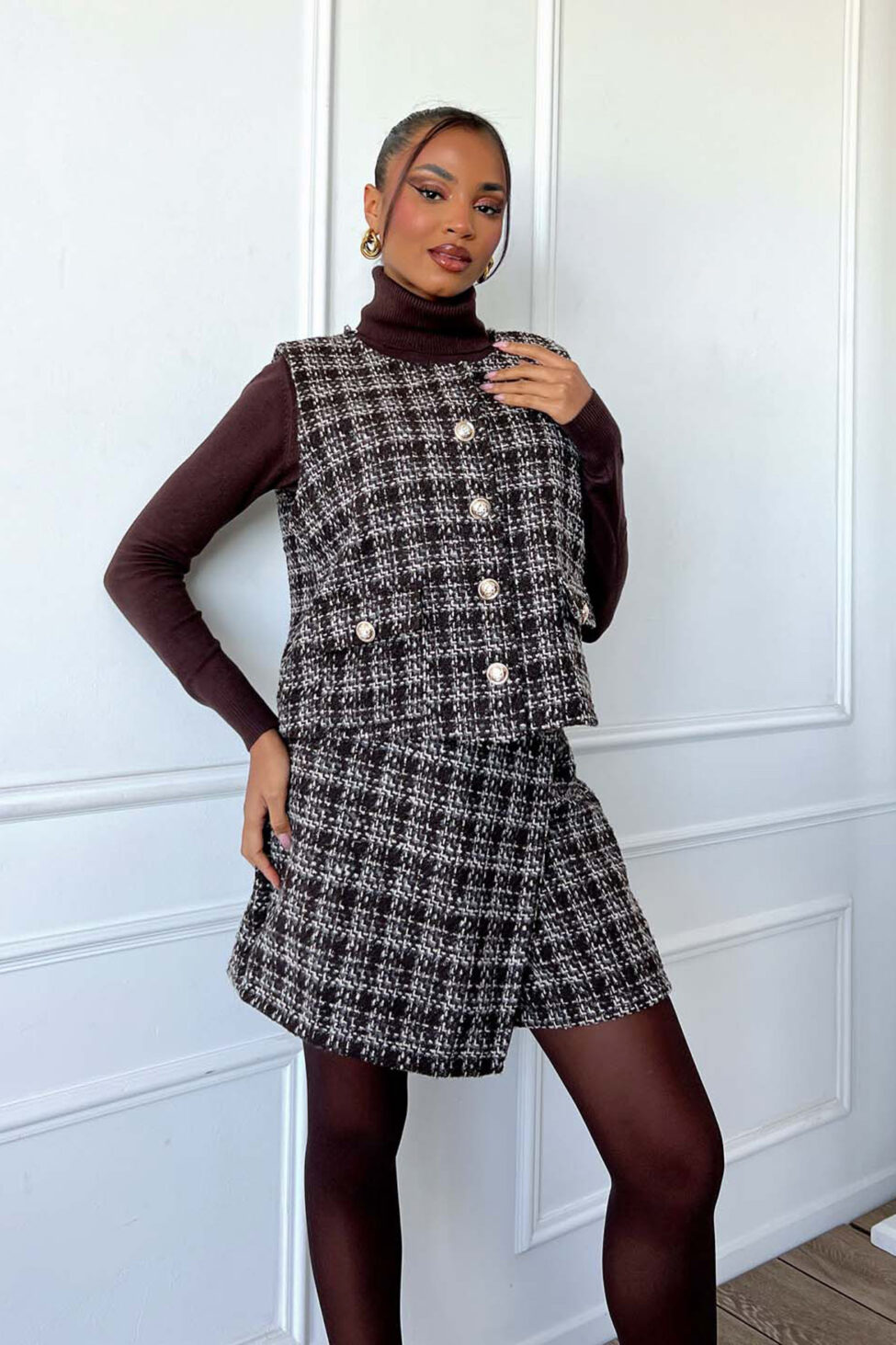 Rena σετ γιλέκο σορτς καφέ - Image 4