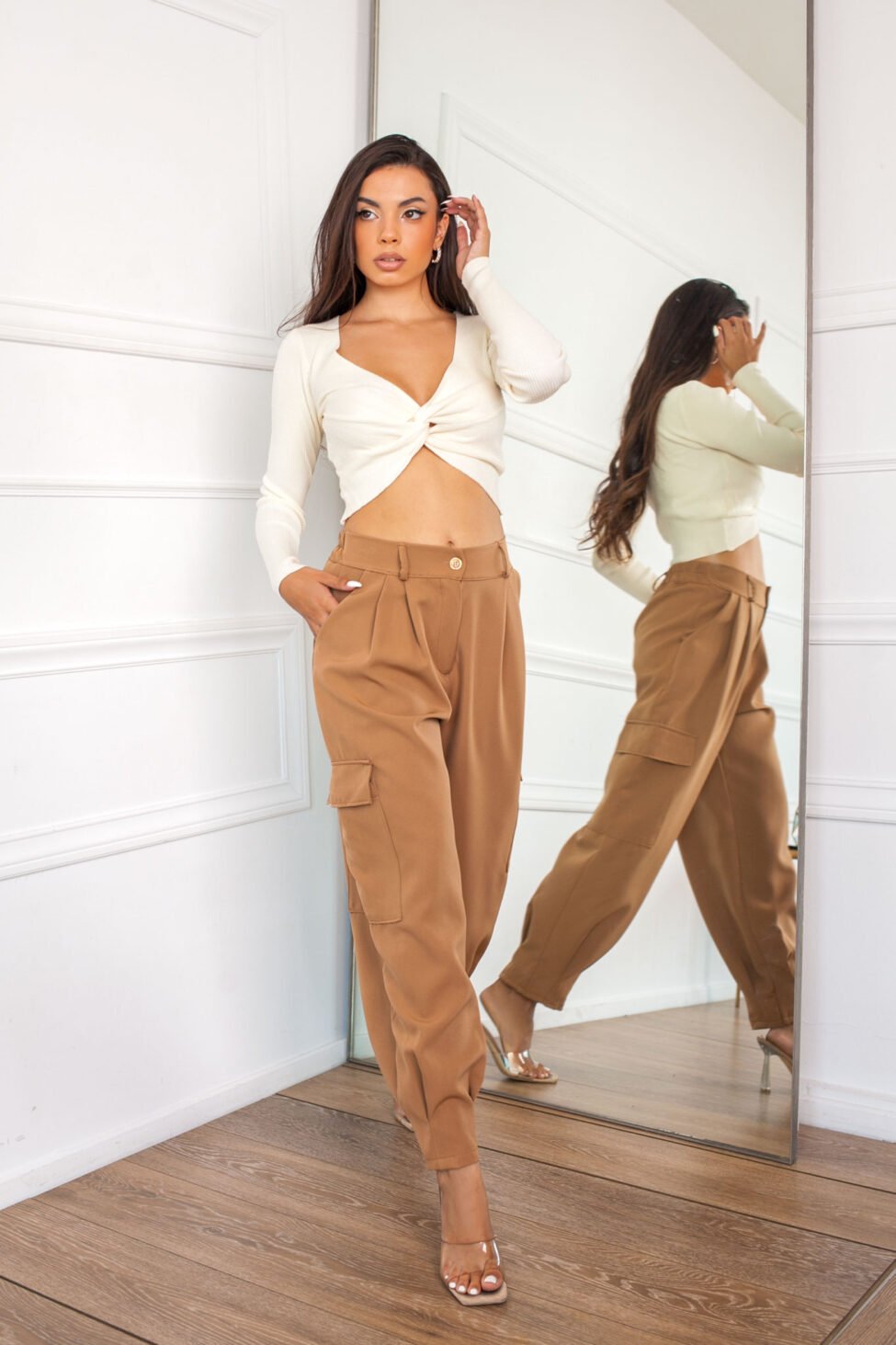 Tacos πλεκτό μακρυμάνικο τοπ με λεπτομέρεια κόμπου εκρού - Image 3