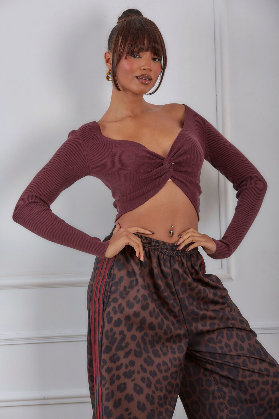 Tacos πλεκτό μακρυμάνικο τοπ με λεπτομέρεια κόμπου μπορντό - Image 3