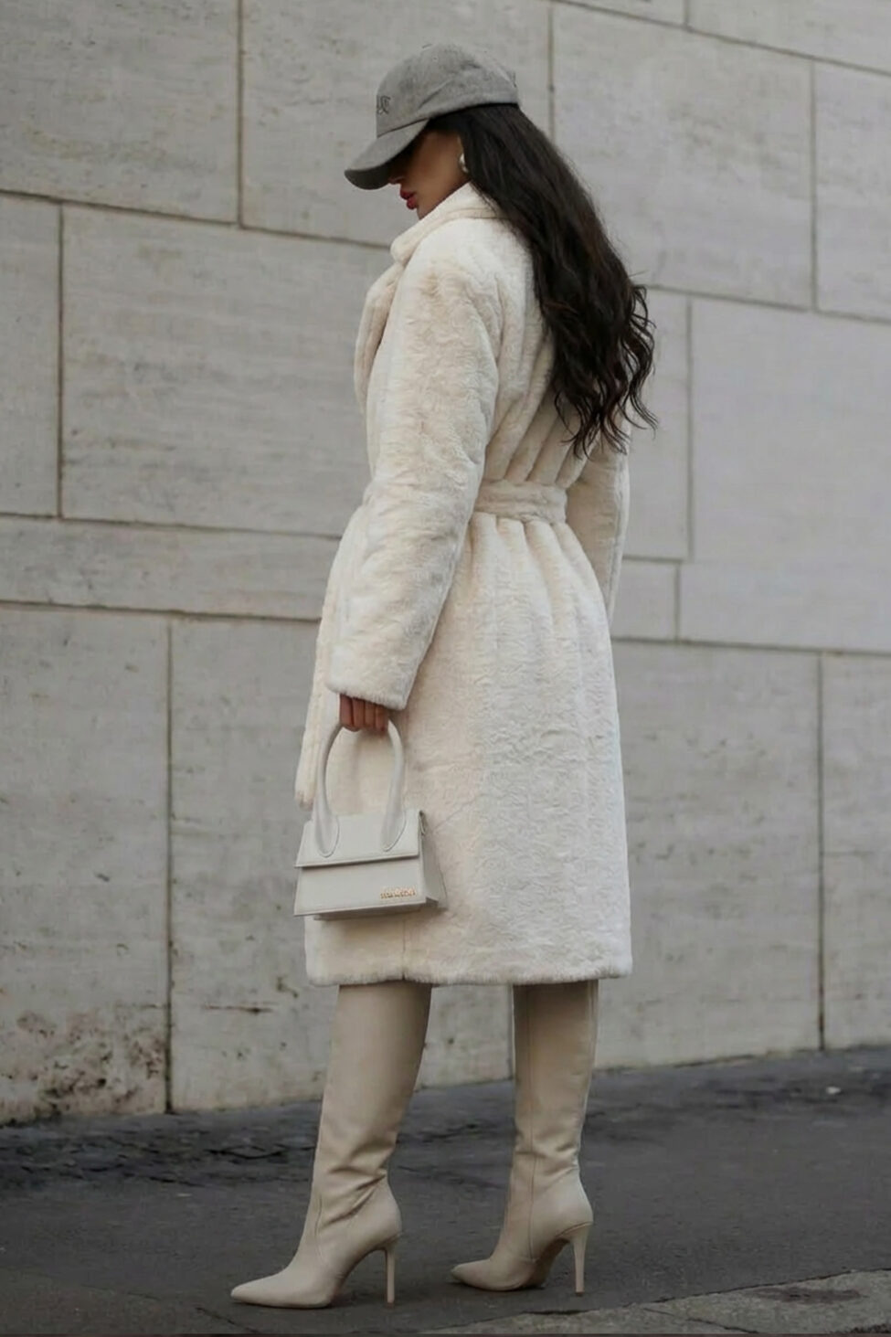 Vape γούνα μακριά με ζώνη εκρού - Image 2