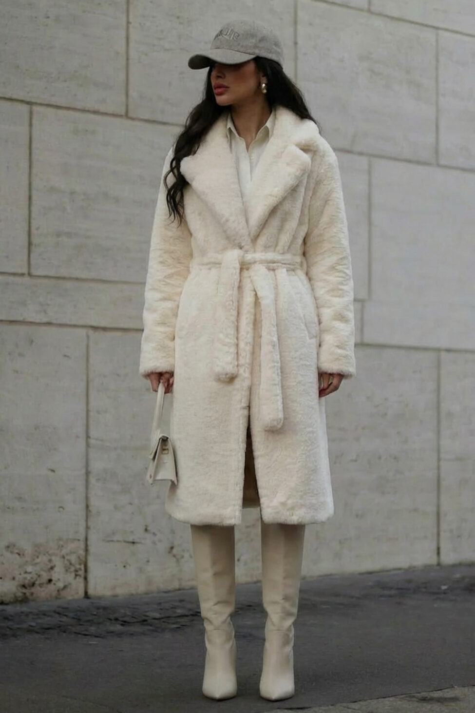 Vape γούνα μακριά με ζώνη εκρού - Image 3