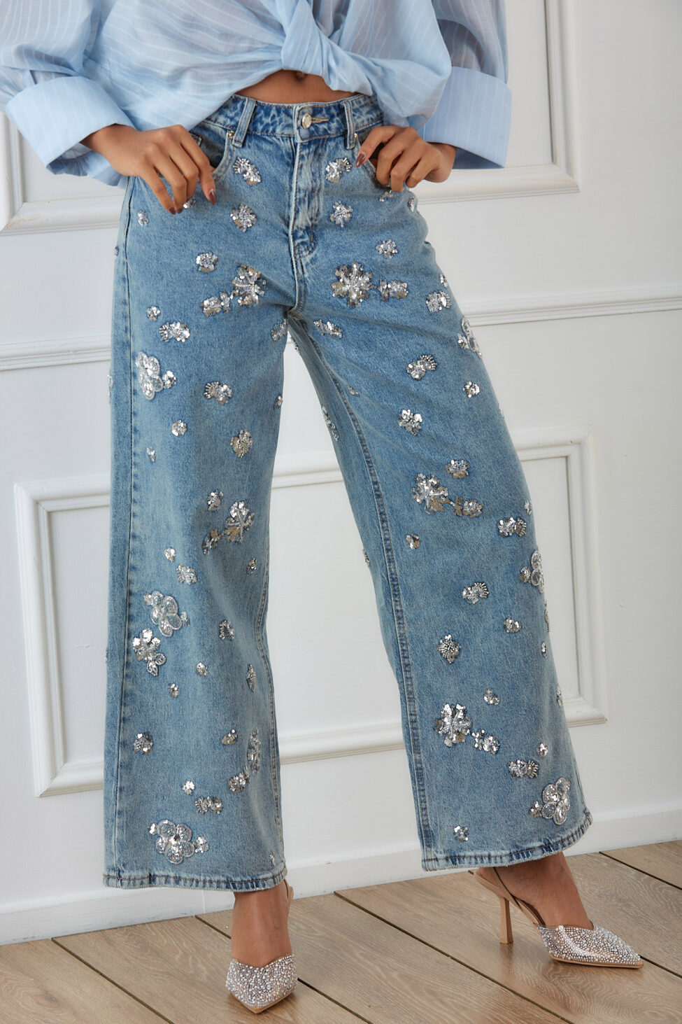 Agent τζιν παντελόνι με απλικέ λουλούδια στράς μπλε - Image 3