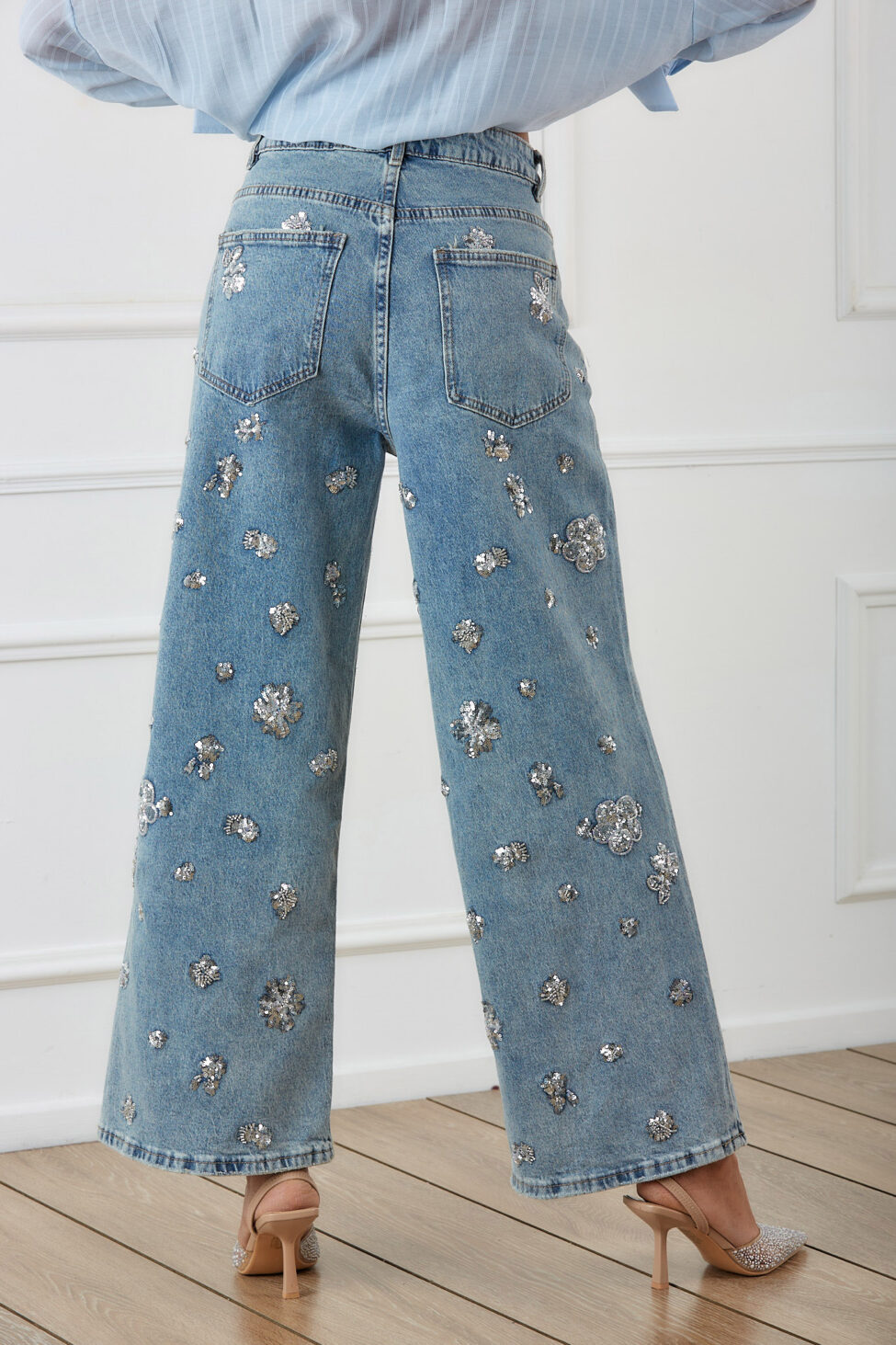 Agent τζιν παντελόνι με απλικέ λουλούδια στράς μπλε - Image 4