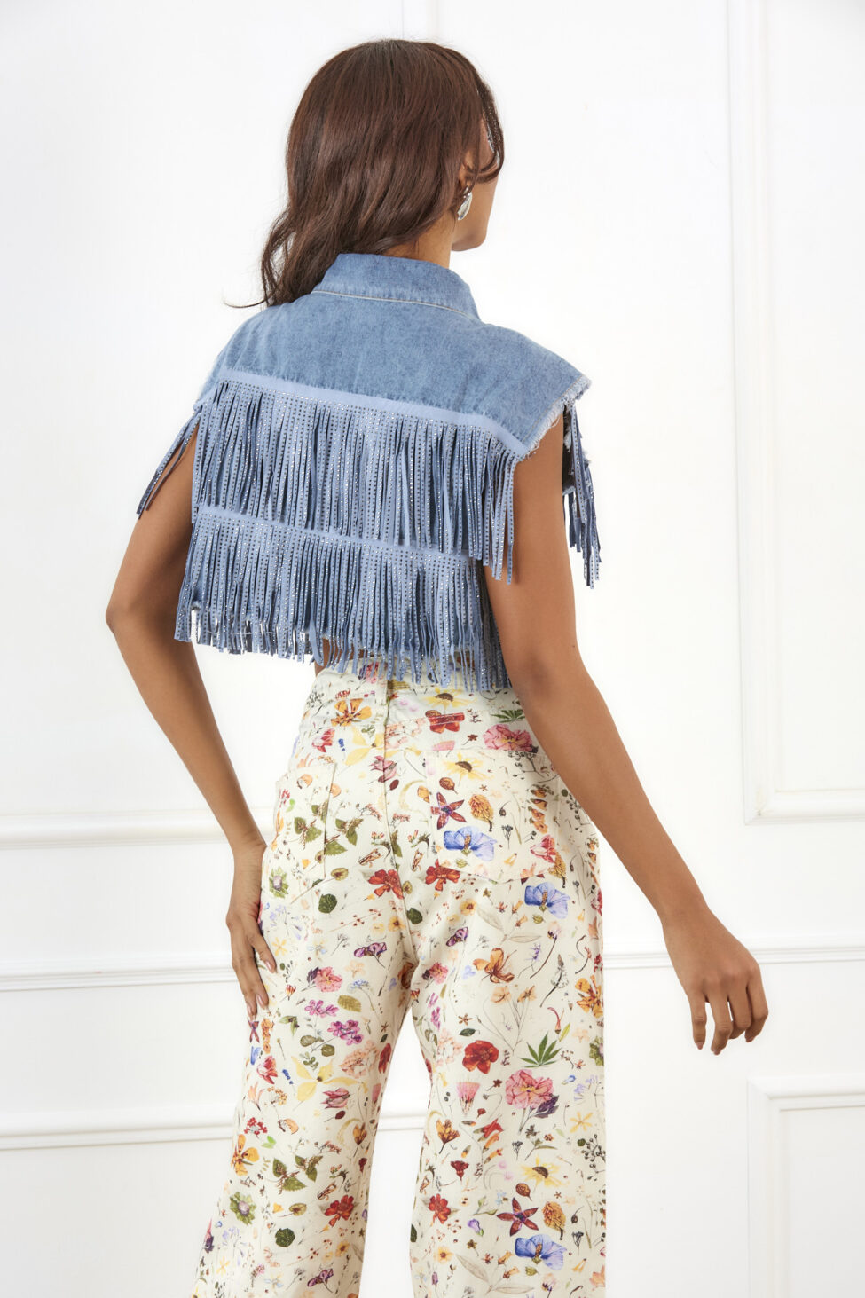 Caris τζιν γιλέκο με κρόσια και στρας μπλε - Image 3