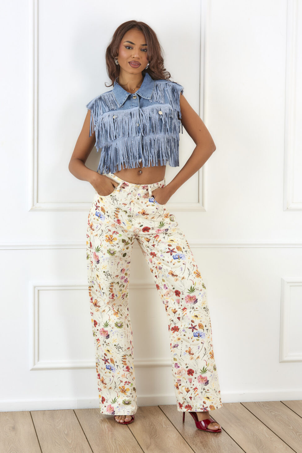 Caris τζιν γιλέκο με κρόσια και στρας μπλε - Image 4