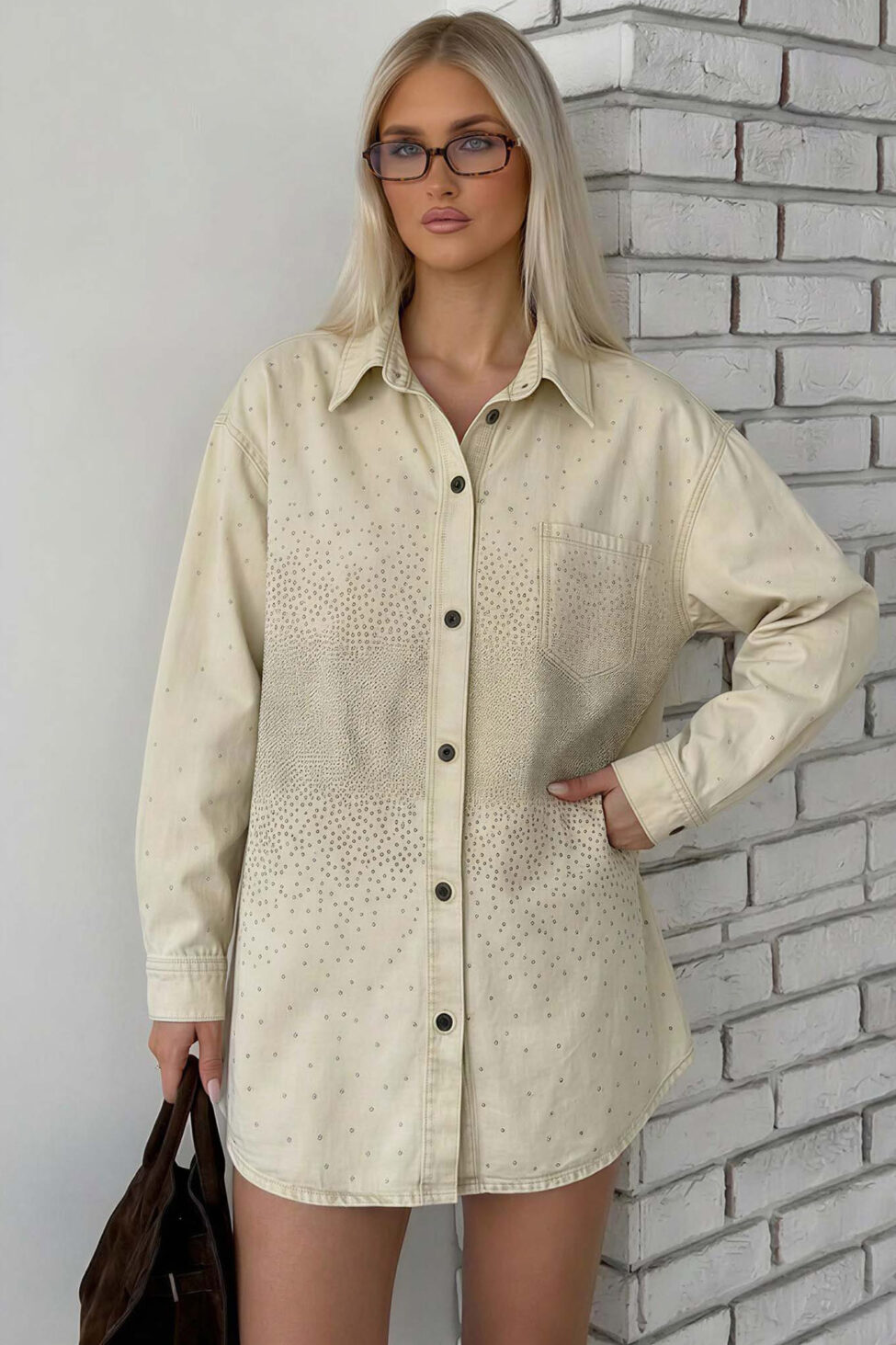 Carlos τζιν πουκάμισο με στρας μπεζ - Image 2