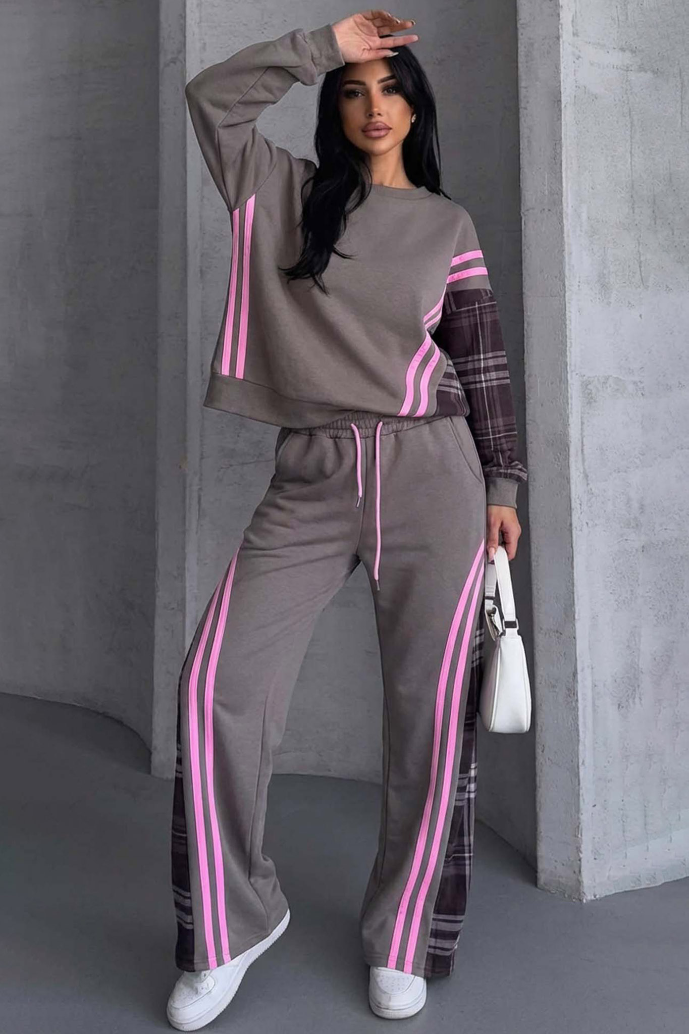 Conversation σετ φούτερ φόρμας με ρίγες και καρό λεπτομέρειες γκρι - Image 1