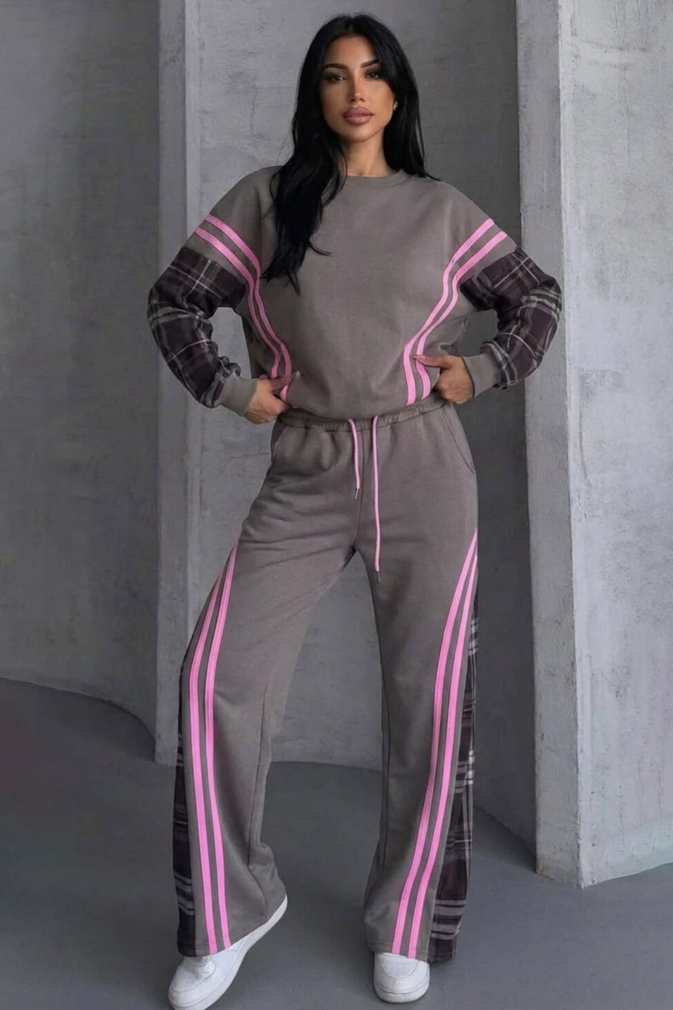 Conversation σετ φούτερ φόρμας με ρίγες και καρό λεπτομέρειες γκρι - Image 2