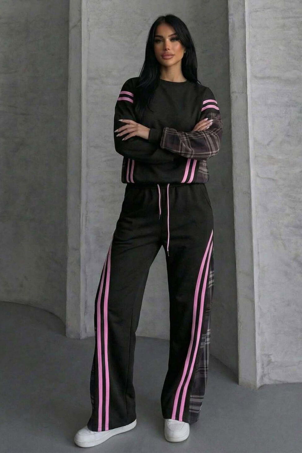 Conversation σετ φούτερ φόρμας με ρίγες και καρό λεπτομέρειες μαύρο - Image 2