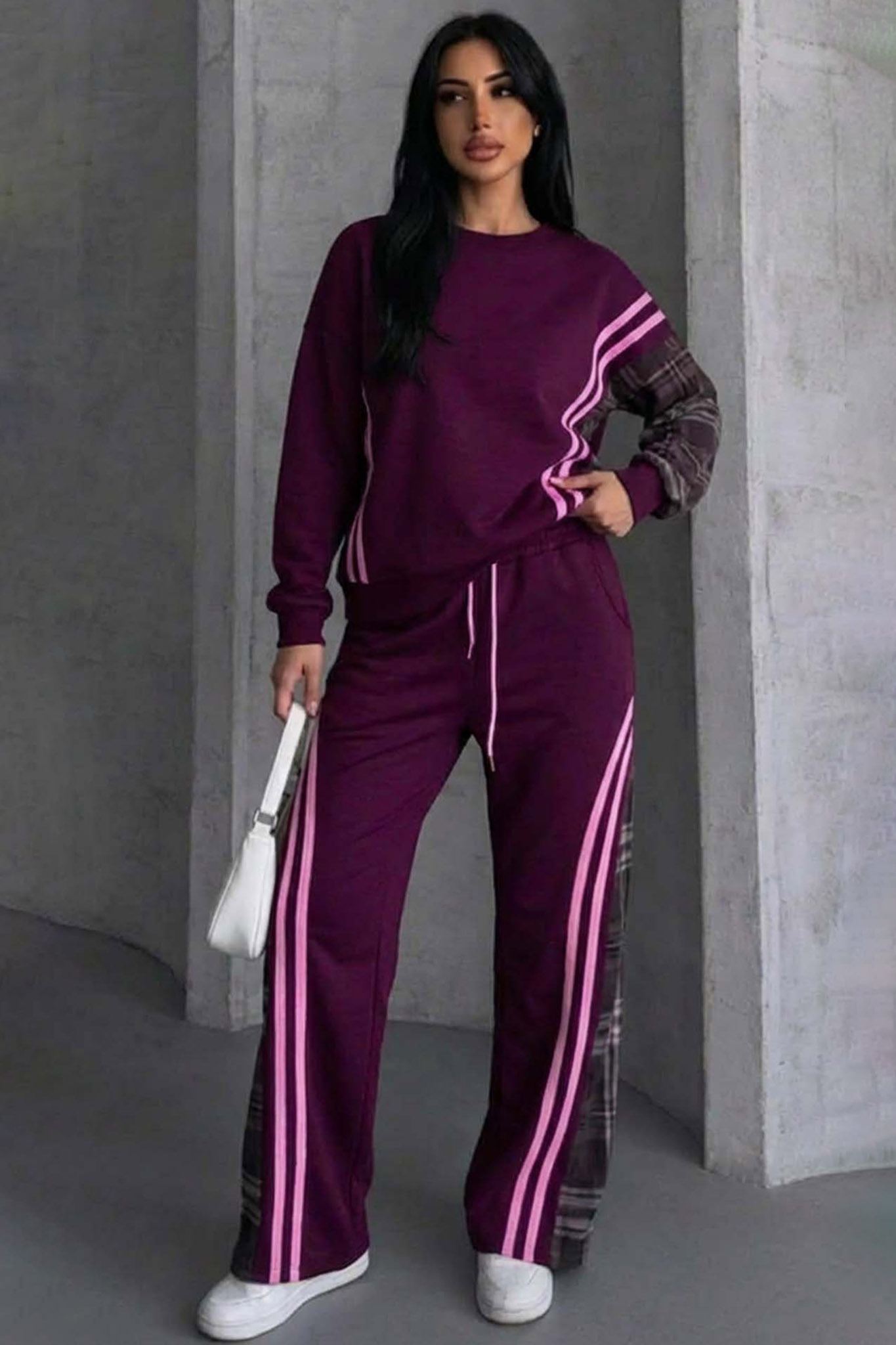 Conversation σετ φούτερ φόρμας με ρίγες και καρό λεπτομέρειες μωβ Conversation σετ φούτερ φόρμας με ρίγες και καρό λεπτομέρειες μωβ - Image 1