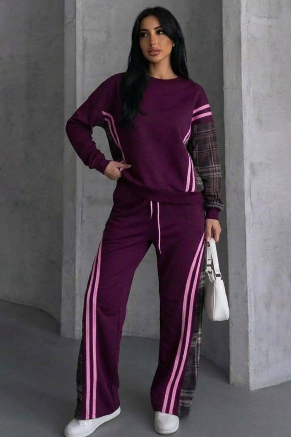 Conversation σετ φούτερ φόρμας με ρίγες και καρό λεπτομέρειες μωβ - Image 2