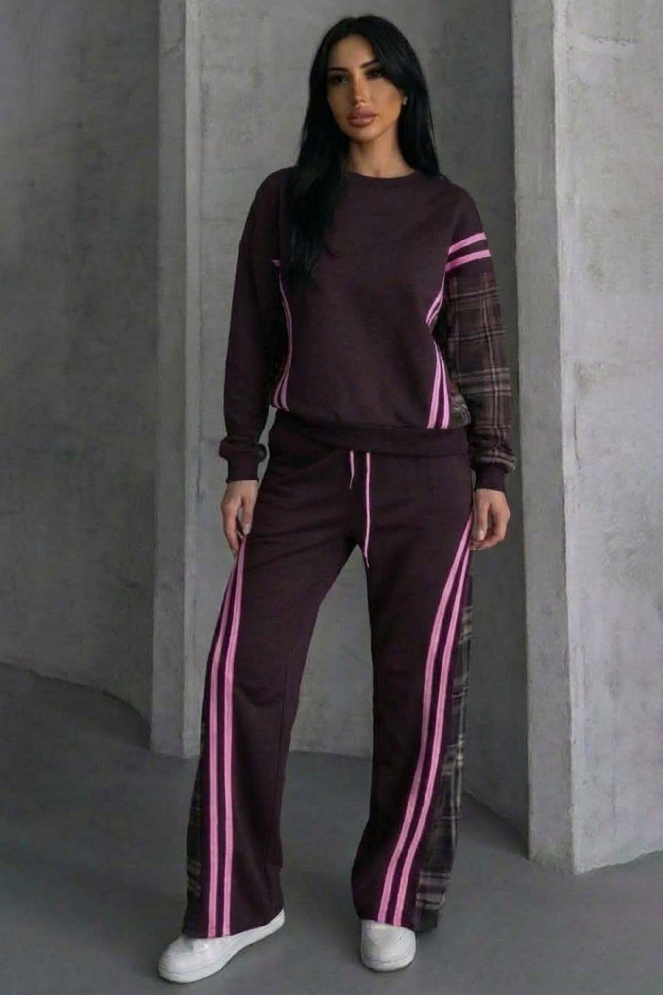 Conversation σετ φούτερ φόρμας με ρίγες και καρό λεπτομέρειες μπορντό - Image 1