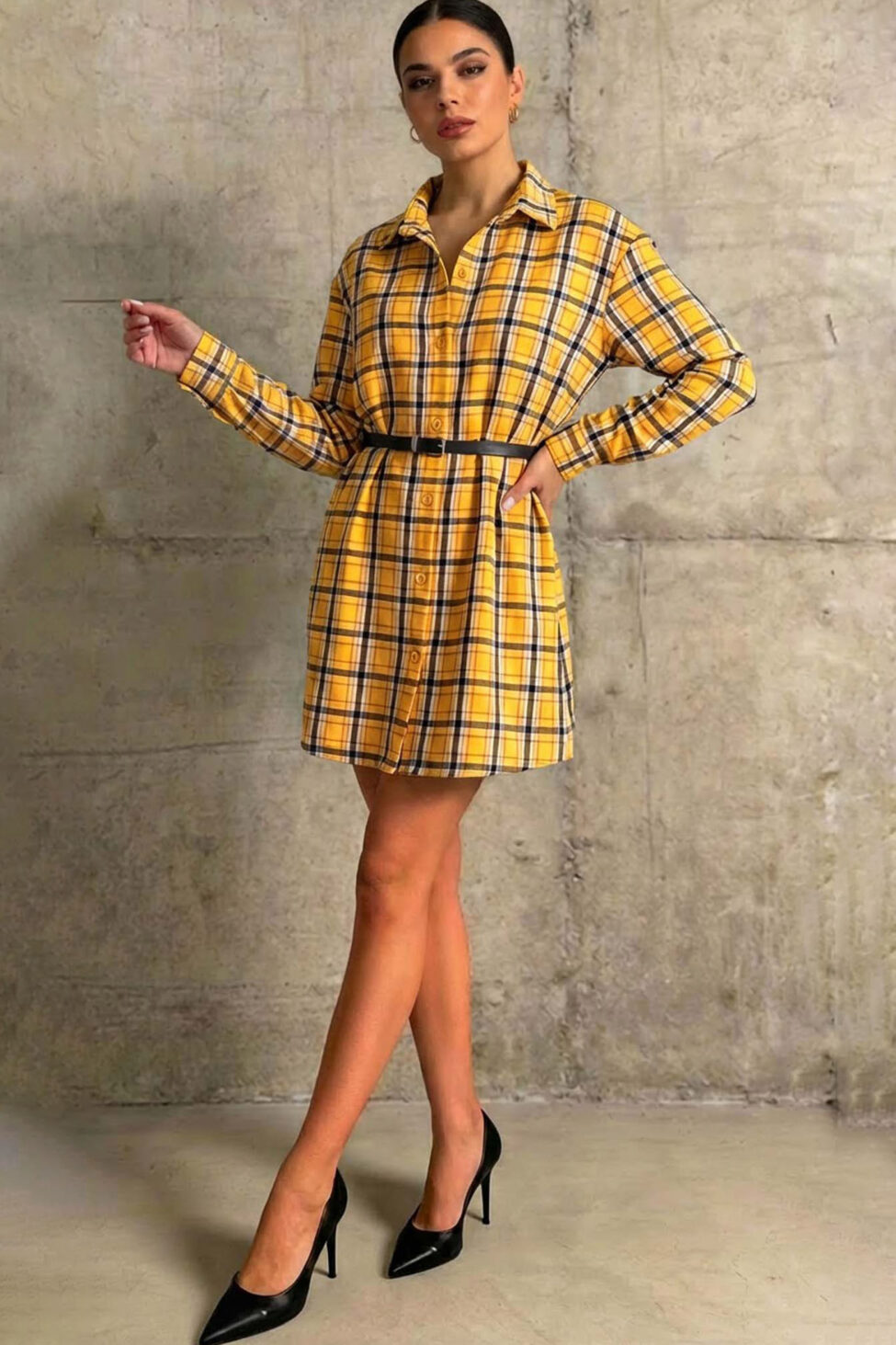 Delight φόρεμα καρό με ζώνη κίτρινο - Image 2