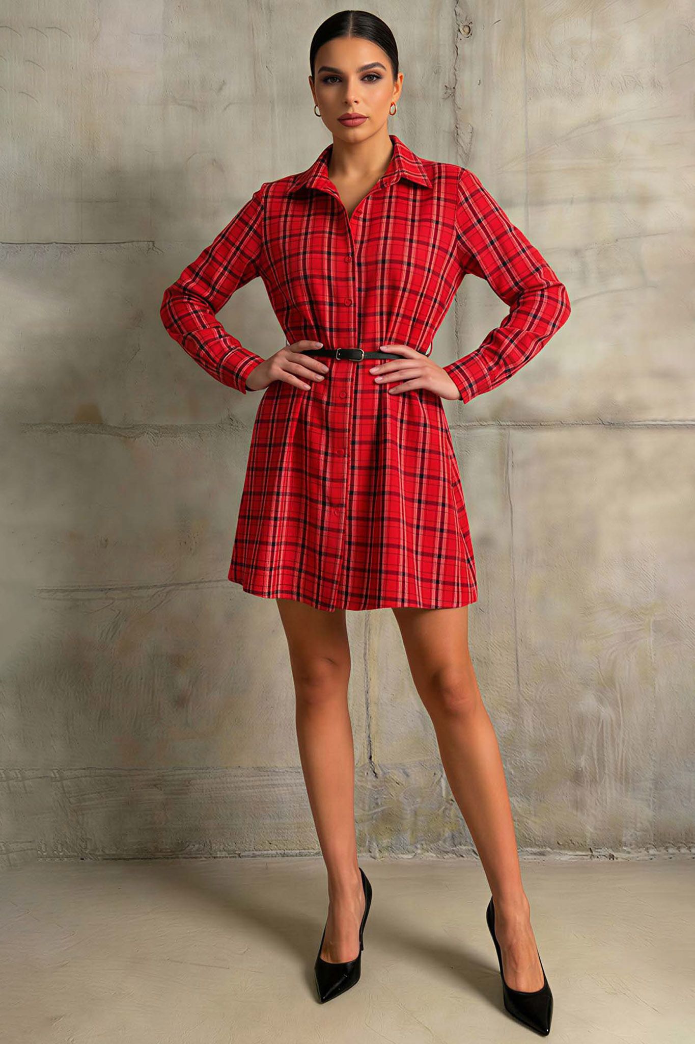 Delight φόρεμα καρό με ζώνη κόκκινο Delight φόρεμα καρό με ζώνη κόκκινο - Image 1