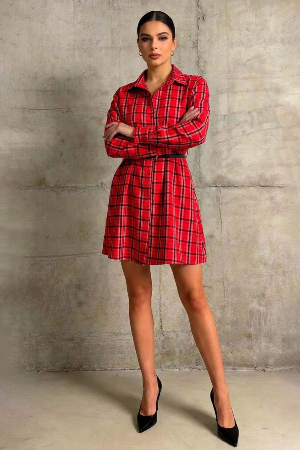 Delight φόρεμα καρό με ζώνη κόκκινο - Image 2