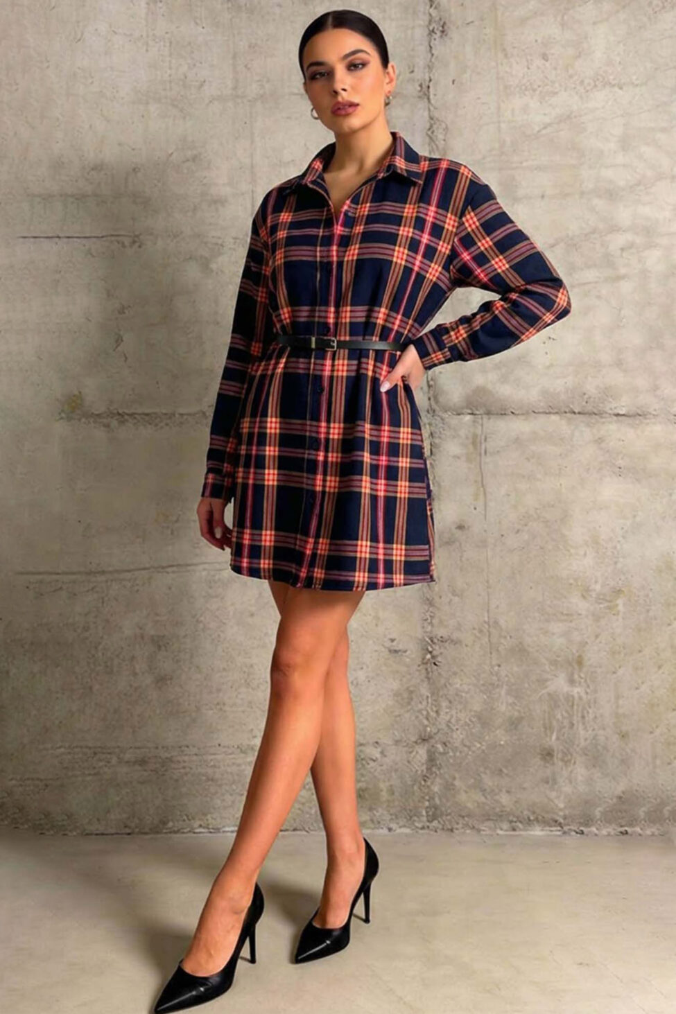 Delight φόρεμα καρό με ζώνη μπλε - Image 2