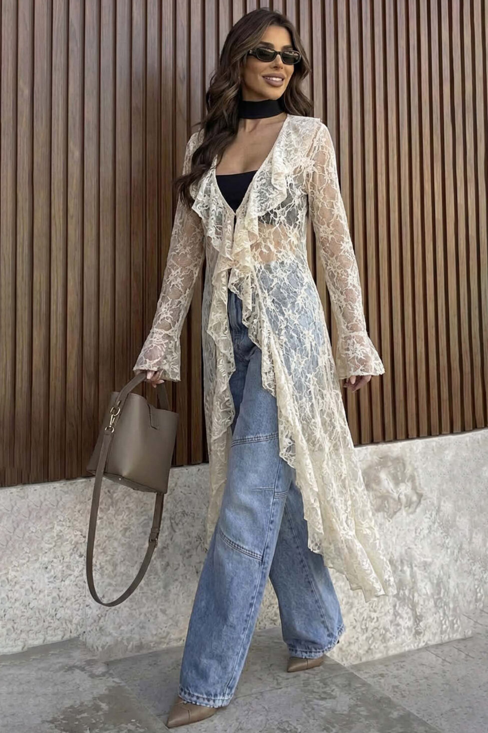 Elegance δαντελένιο κιμονό με βολάν και μανίκια καμπάνα εκρού - Image 2