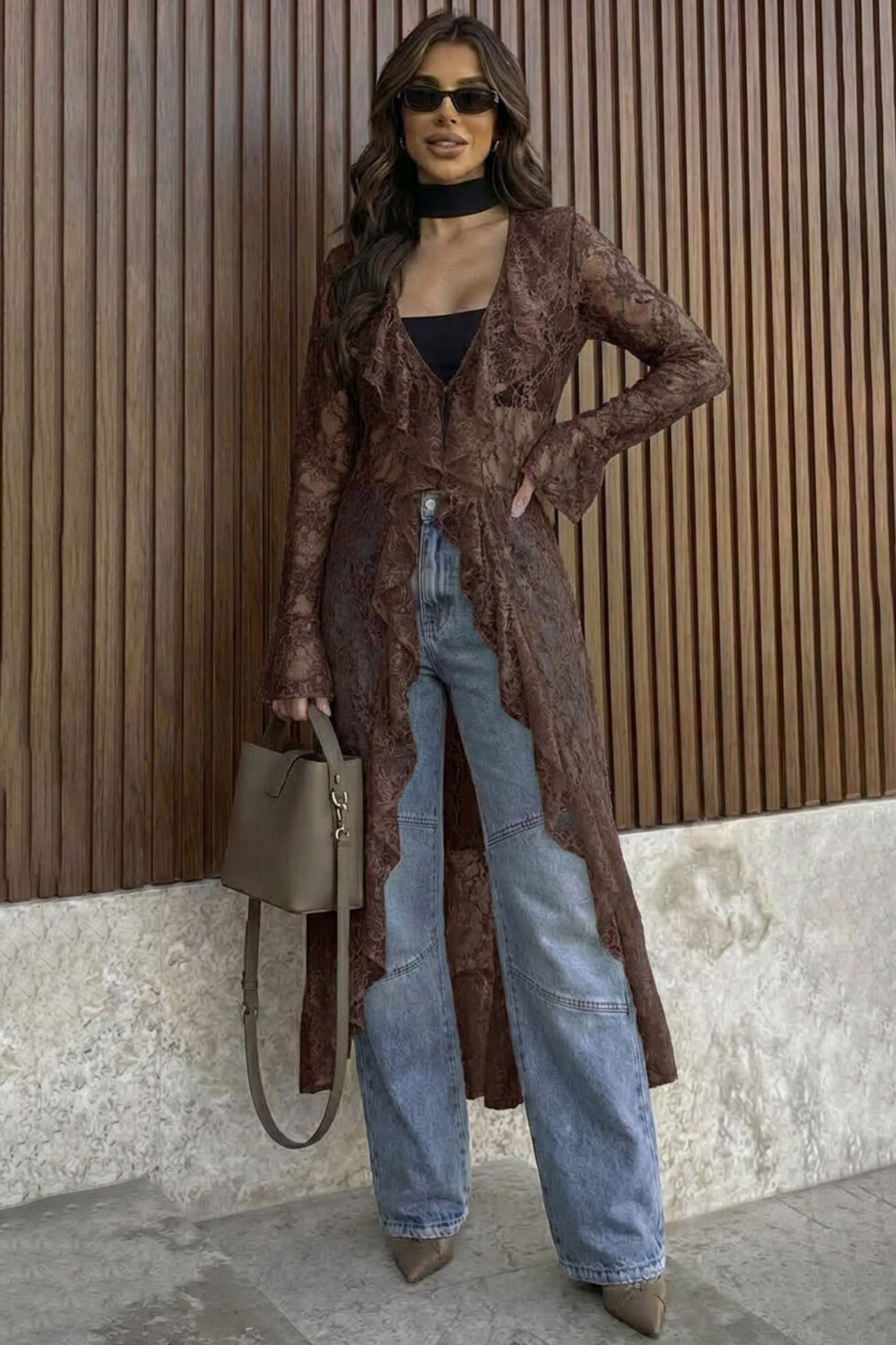 Elegance δαντελένιο κιμονό με βολάν και μανίκια καμπάνα καφέ - Image 2