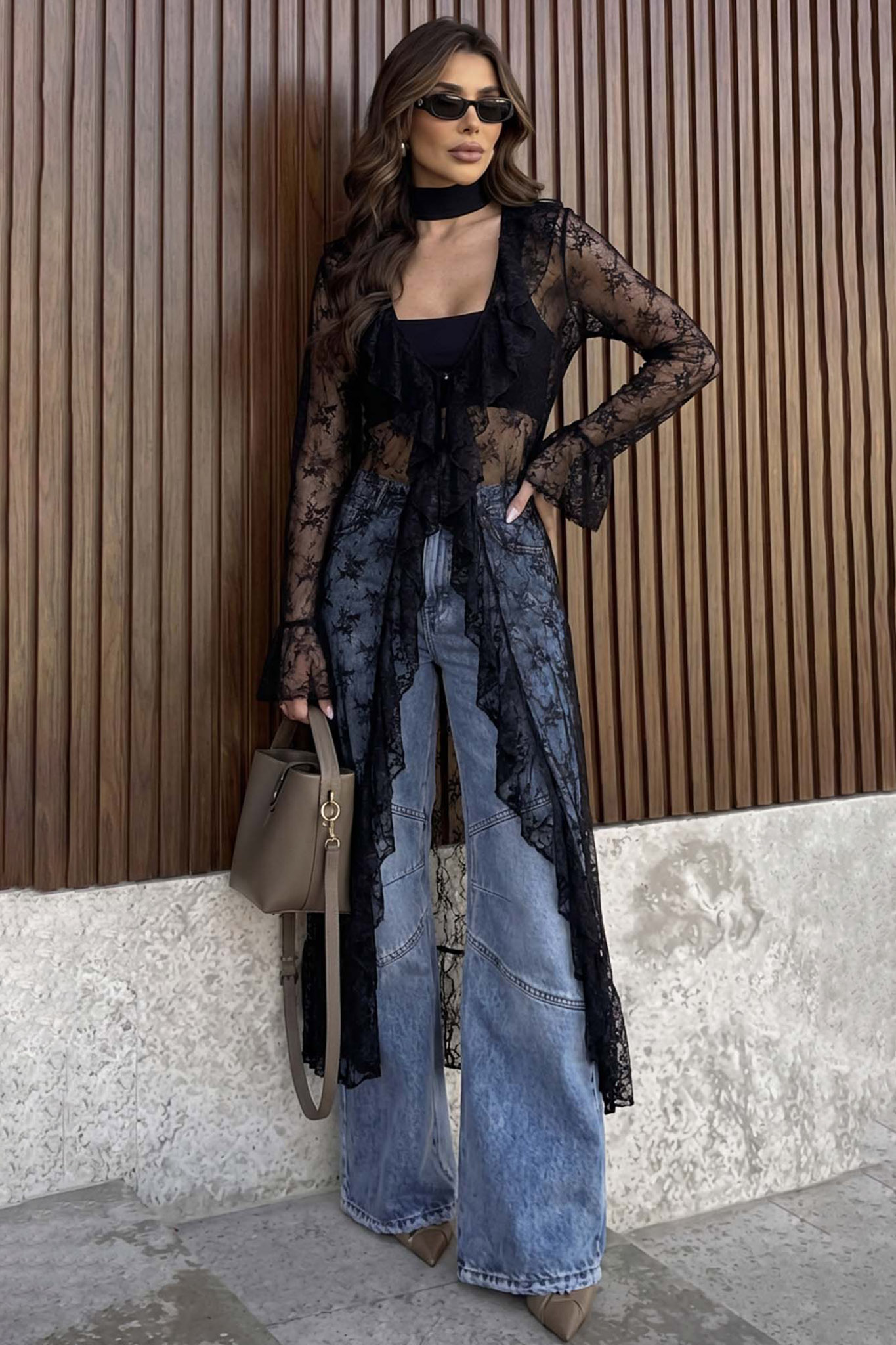 Elegance δαντελένιο κιμονό με βολάν και μανίκια καμπάνα μαύρο Elegance δαντελένιο κιμονό με βολάν και μανίκια καμπάνα μαύρο - Image 1