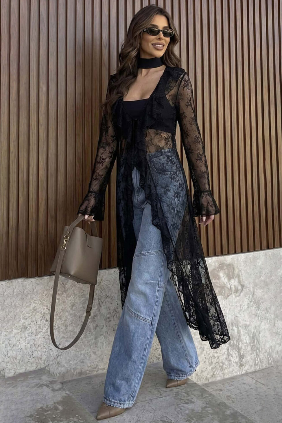 Elegance δαντελένιο κιμονό με βολάν και μανίκια καμπάνα μαύρο - Image 2