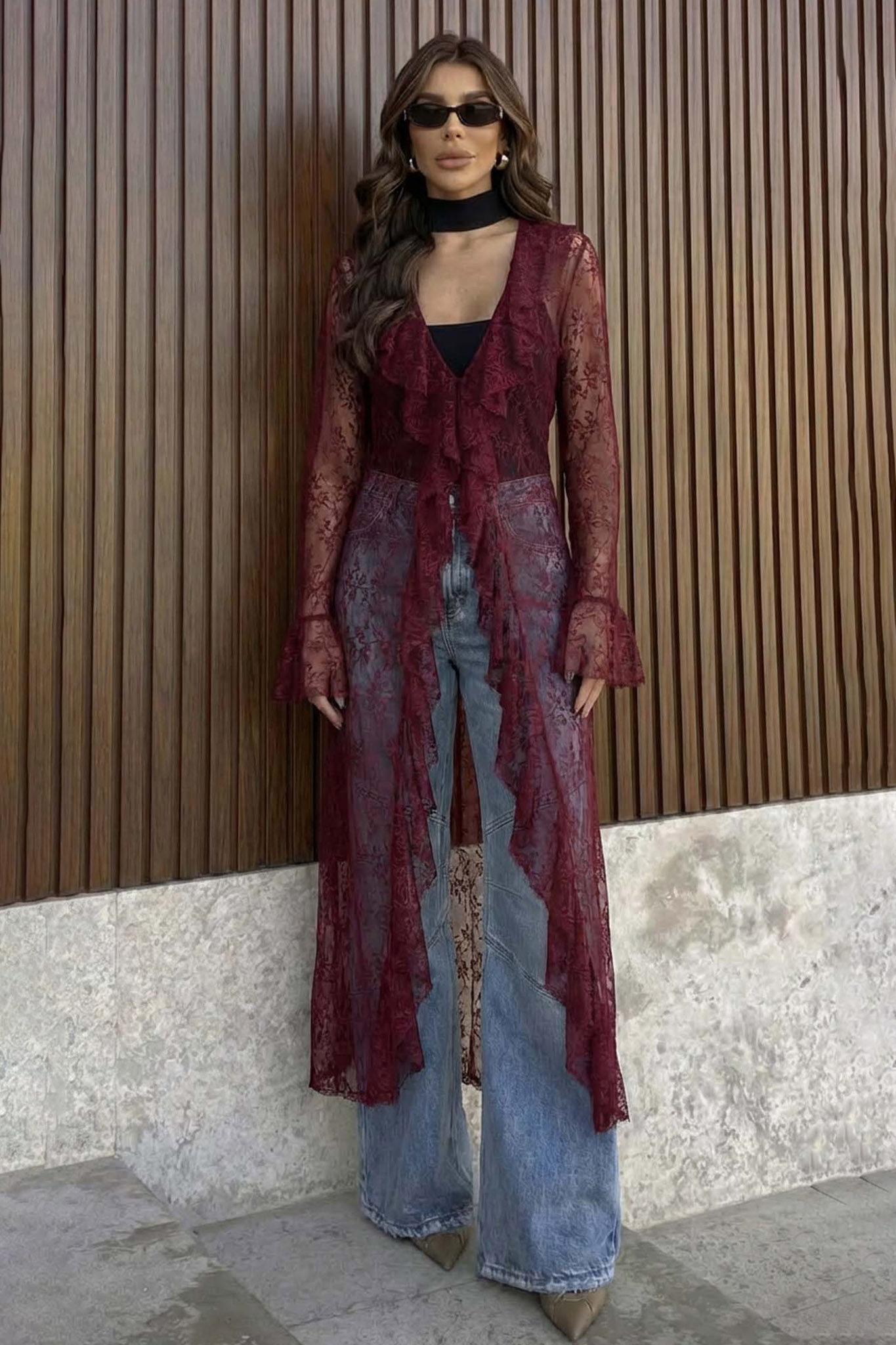 Elegance δαντελένιο κιμονό με βολάν και μανίκια καμπάνα μπορντό Elegance δαντελένιο κιμονό με βολάν και μανίκια καμπάνα μπορντό - Image 1