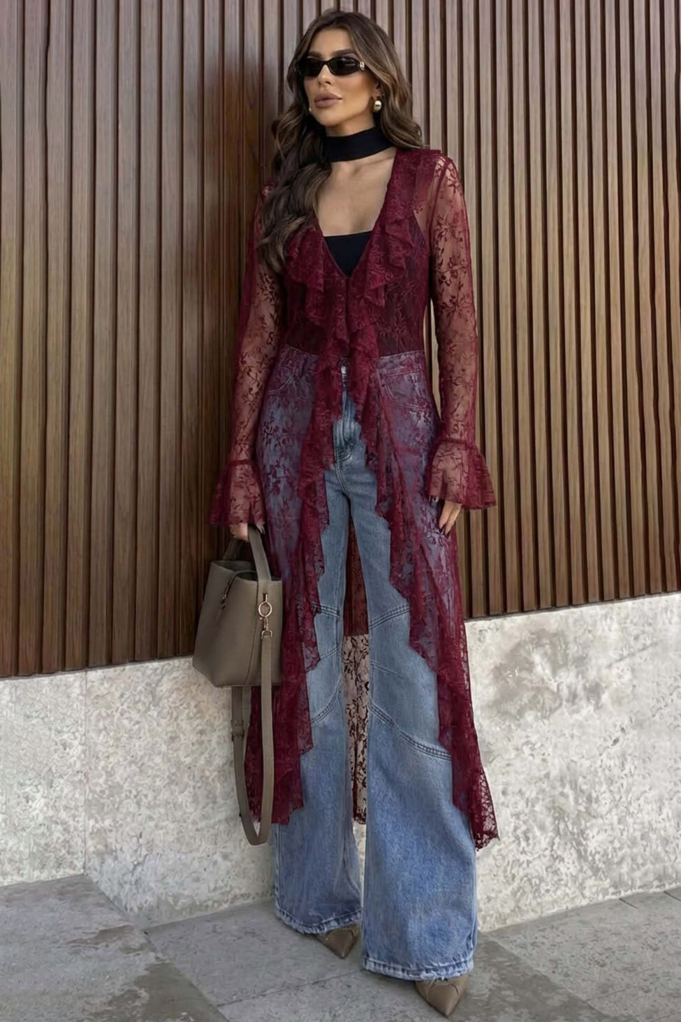 Elegance δαντελένιο κιμονό με βολάν και μανίκια καμπάνα μπορντό - Image 2