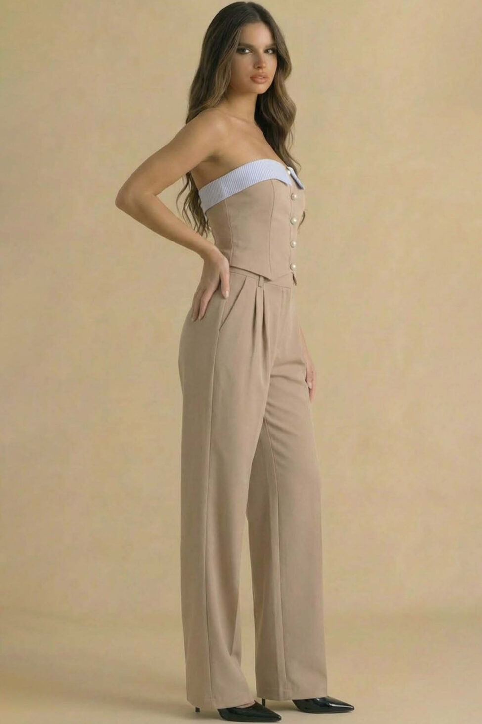 Elisha σετ με στράπλες μπούστο και παντελόνι μπεζ - Image 2