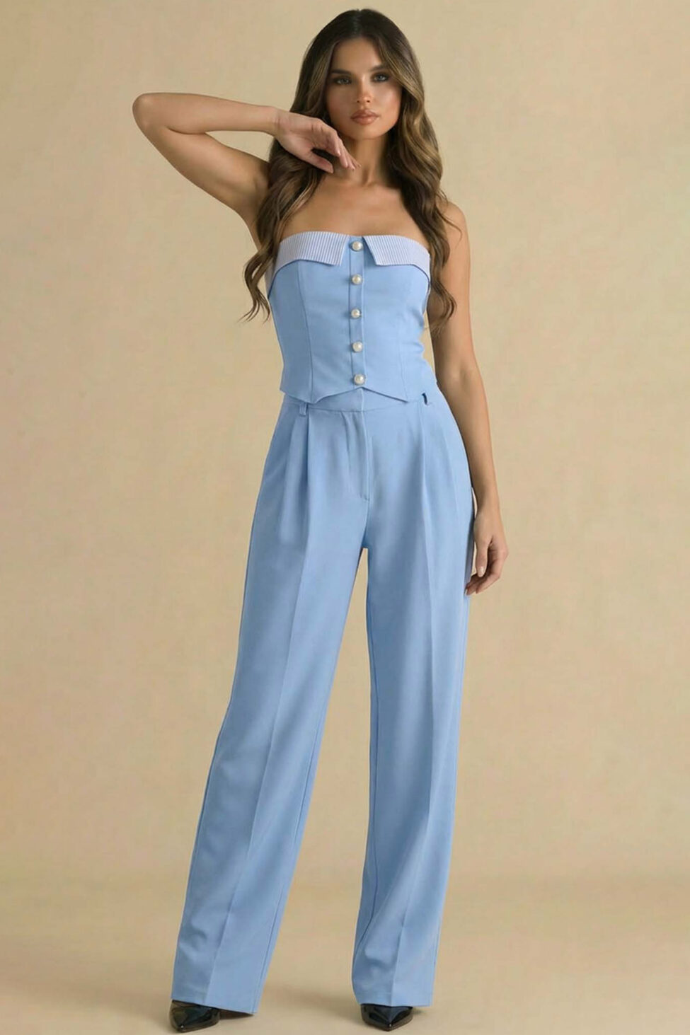 Elisha σετ με στράπλες μπούστο και παντελόνι σιελ - Image 2