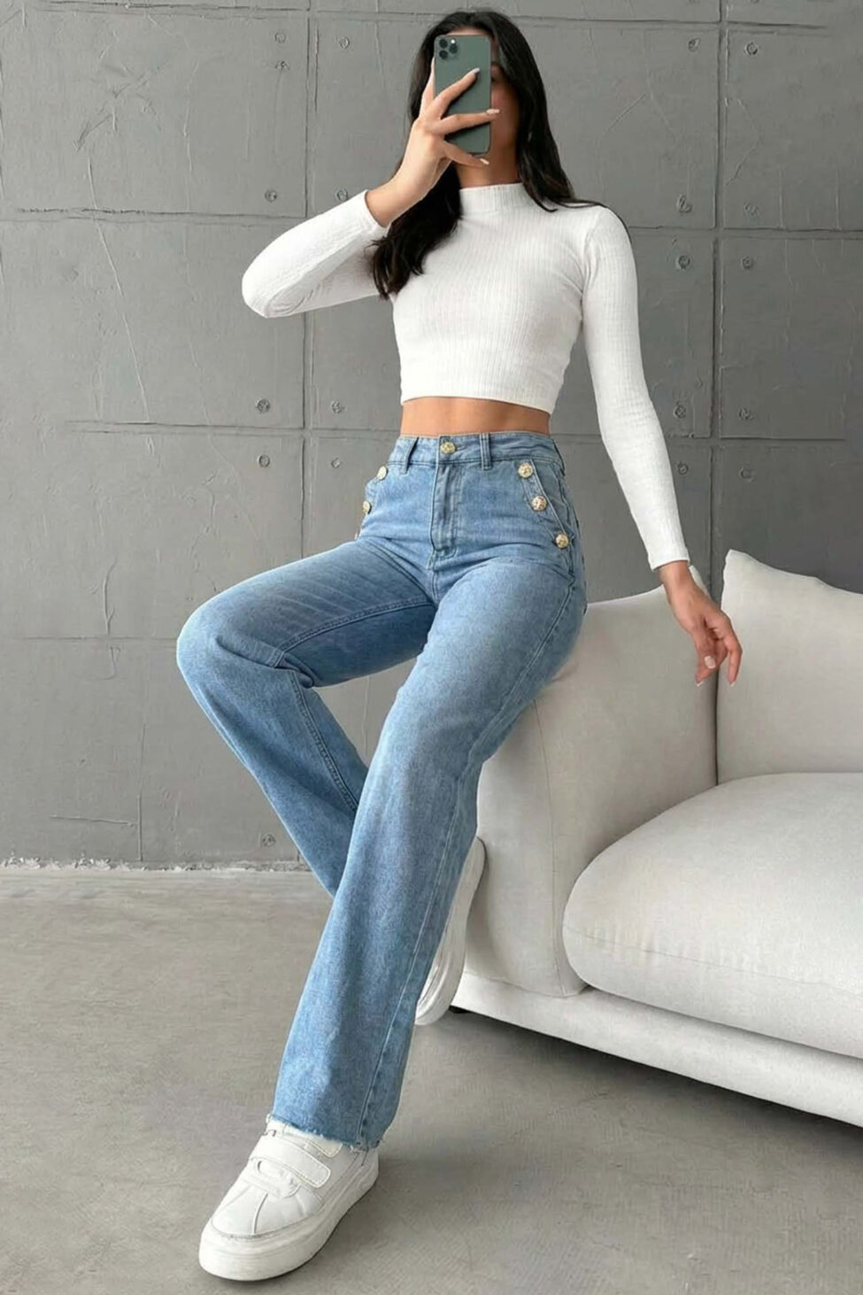 Fantin ψηλόμεσο τζιν με χρυσά κουμπία στο πλάι μπλε - Image 2