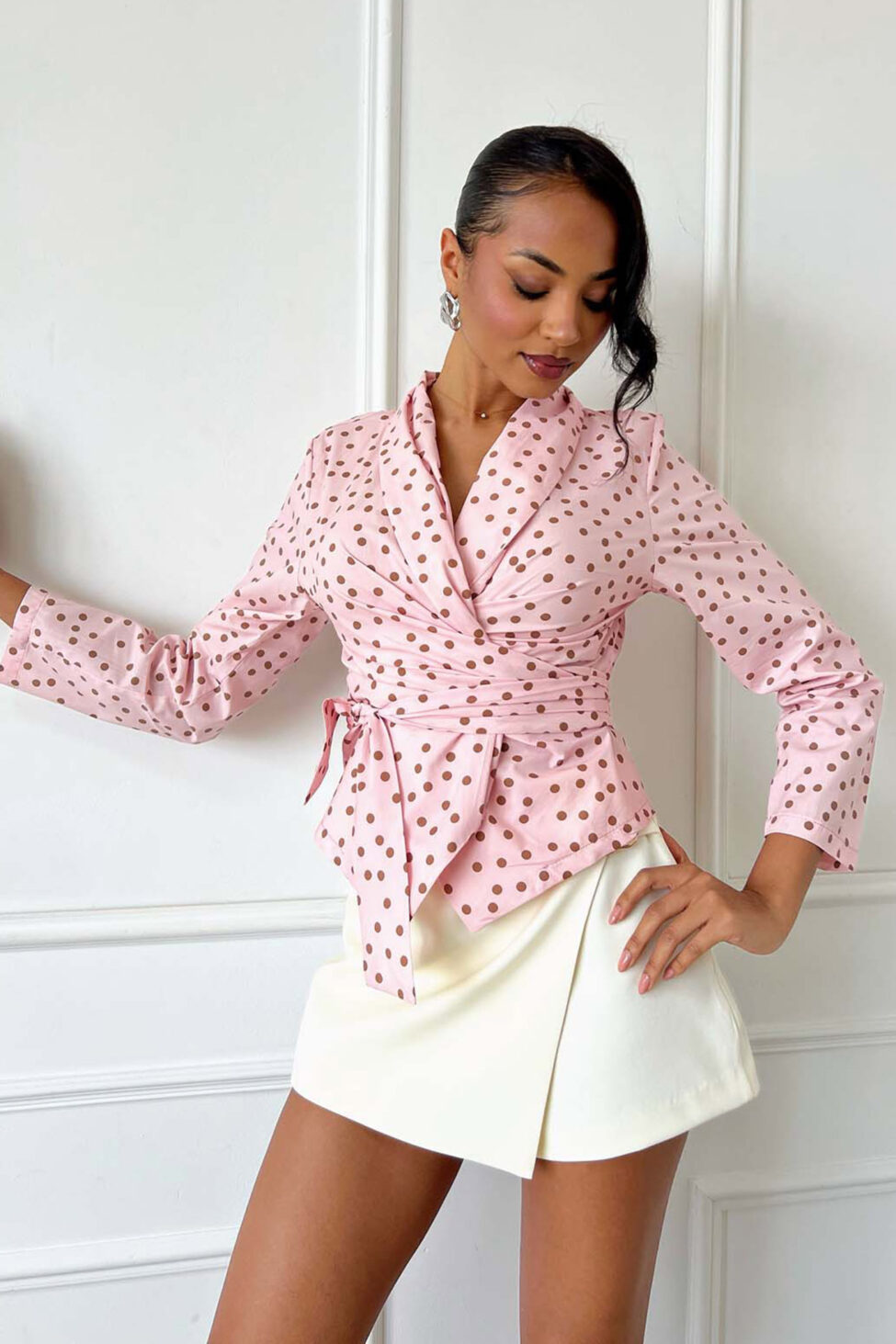 Flare πουκάμισο πουά κρουαζέ ροζ - Image 2