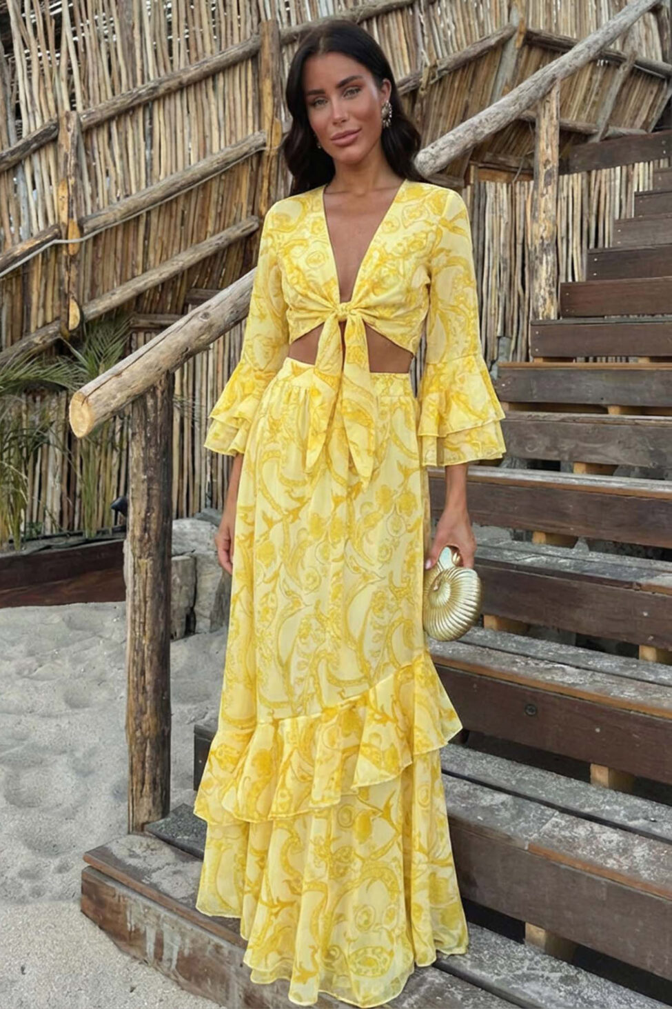 Hasna boho σετ τοπ-φούστα με λαχούρια κίτρινο - Image 2