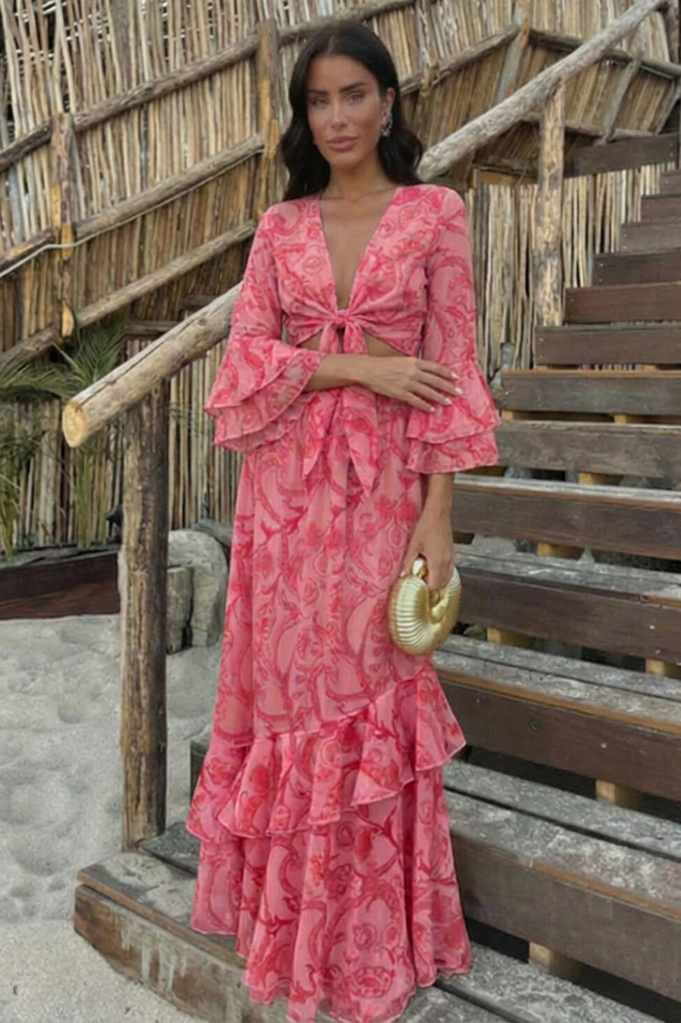 Hasna boho σετ τοπ-φούστα με λαχούρια κόκκινο - Image 2