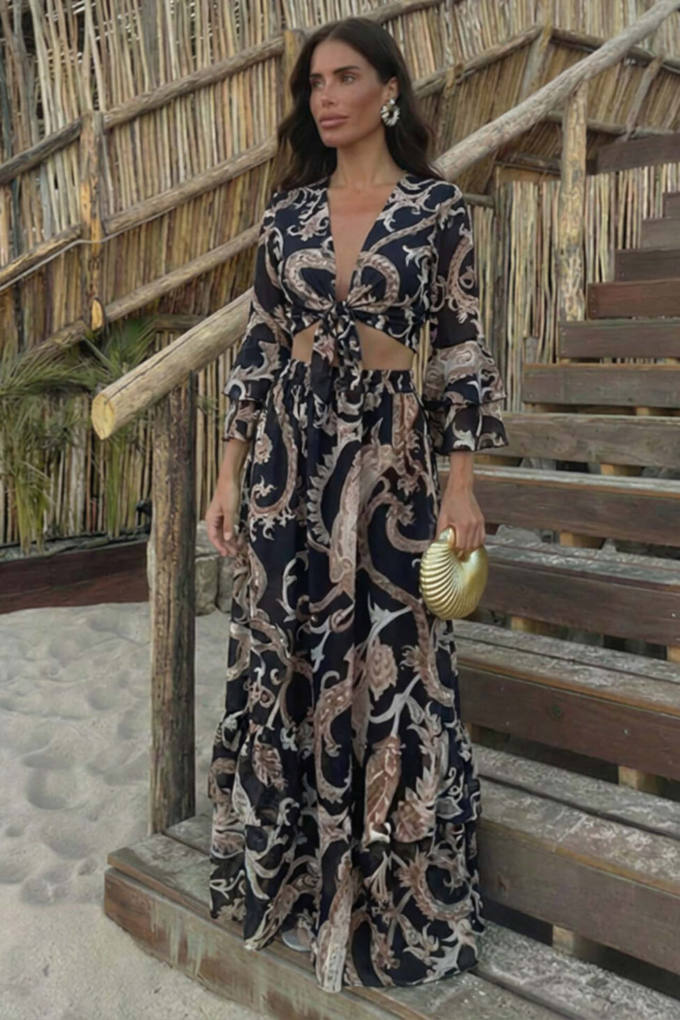 Hasna boho σετ τοπ-φούστα με λαχούρια μαύρο - Image 2