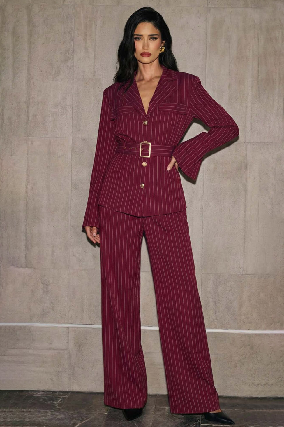 Hollie σετ σακάκι παντελόνι με ρίγες μπορντό - Image 2