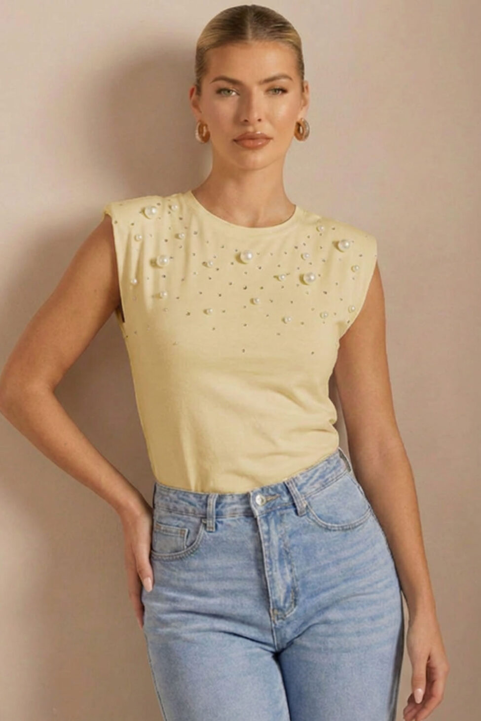 Immortal αμάνικη μπλούζα με βάτες και πέρλες κίτρινο - Image 2