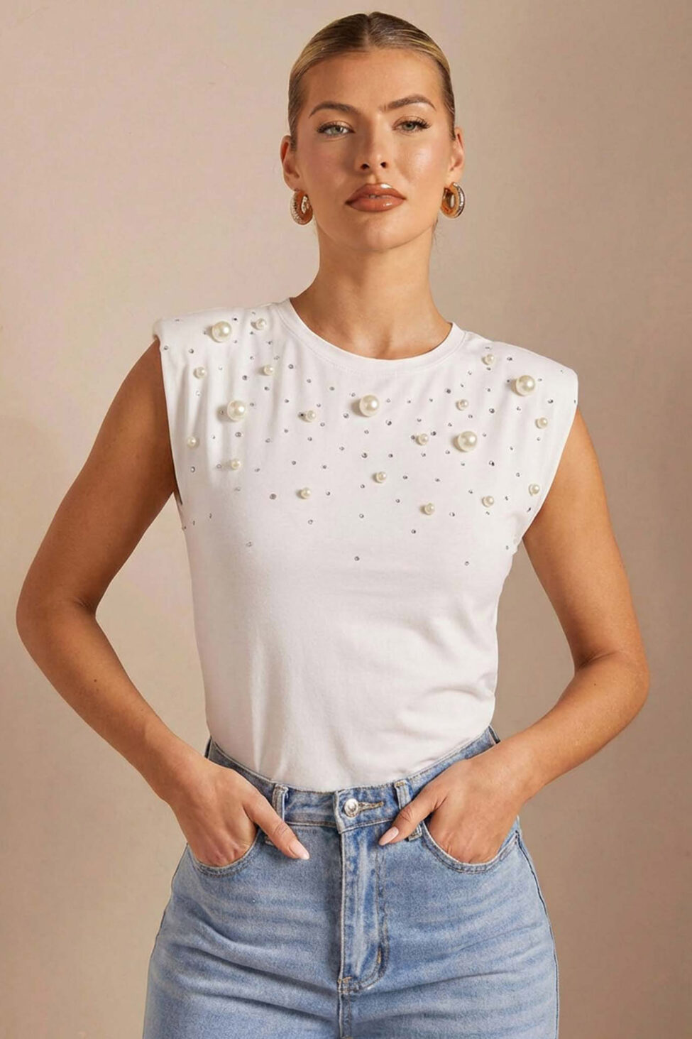 Immortal αμάνικη μπλούζα με βάτες και πέρλες λευκό - Image 2
