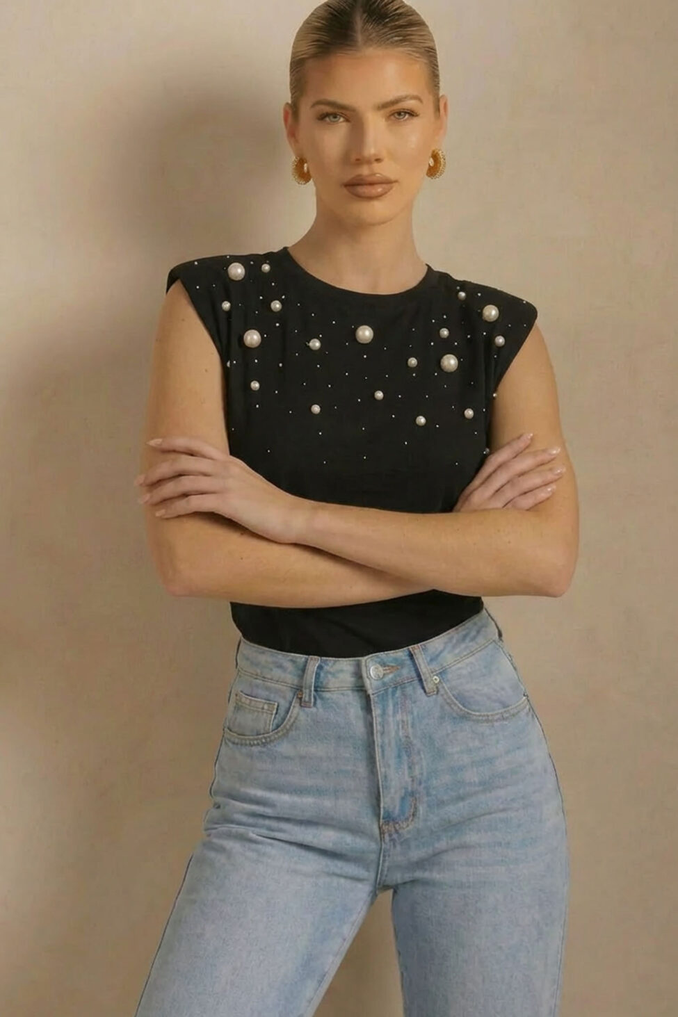 Immortal αμάνικη μπλούζα με βάτες και πέρλες μαύρο - Image 2