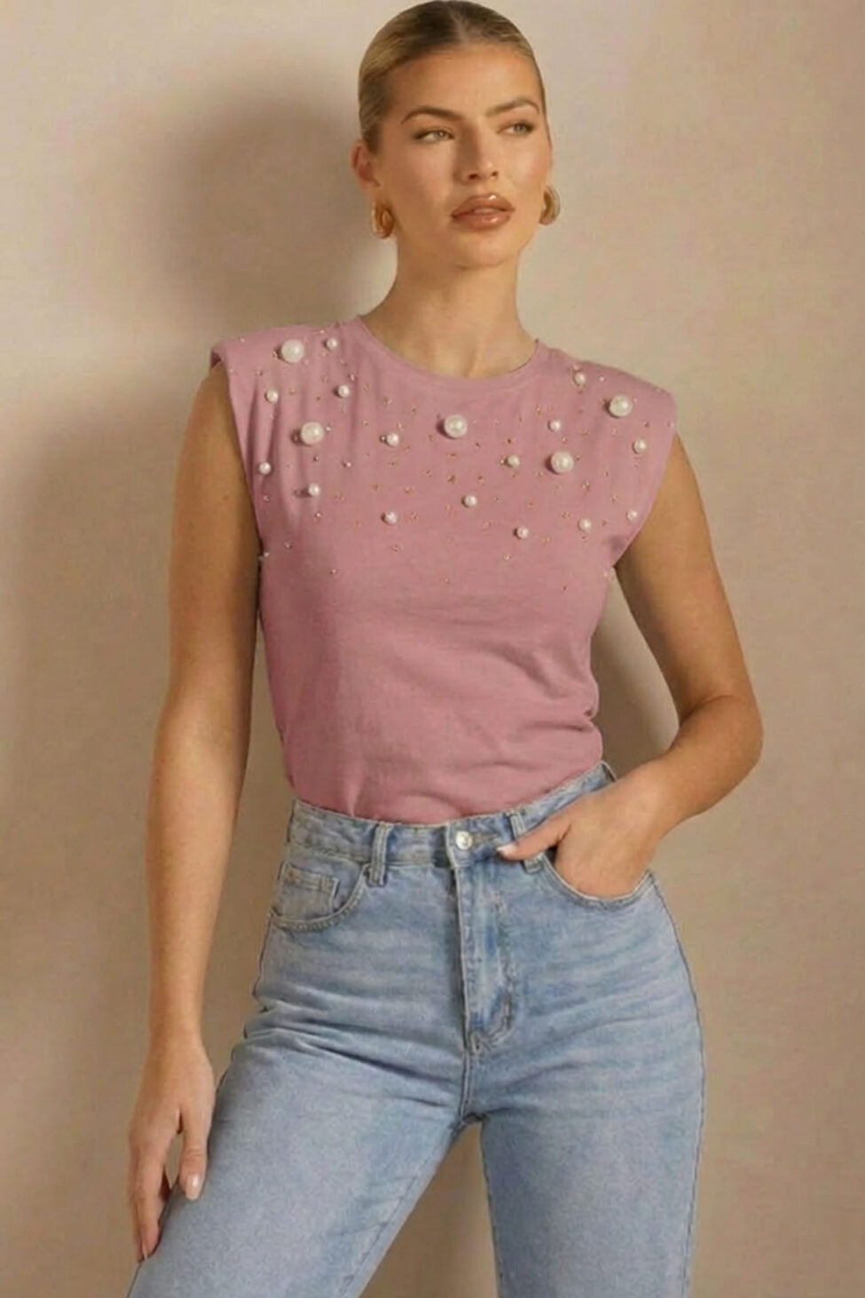 Immortal αμάνικη μπλούζα με βάτες και πέρλες ροζ - Image 2