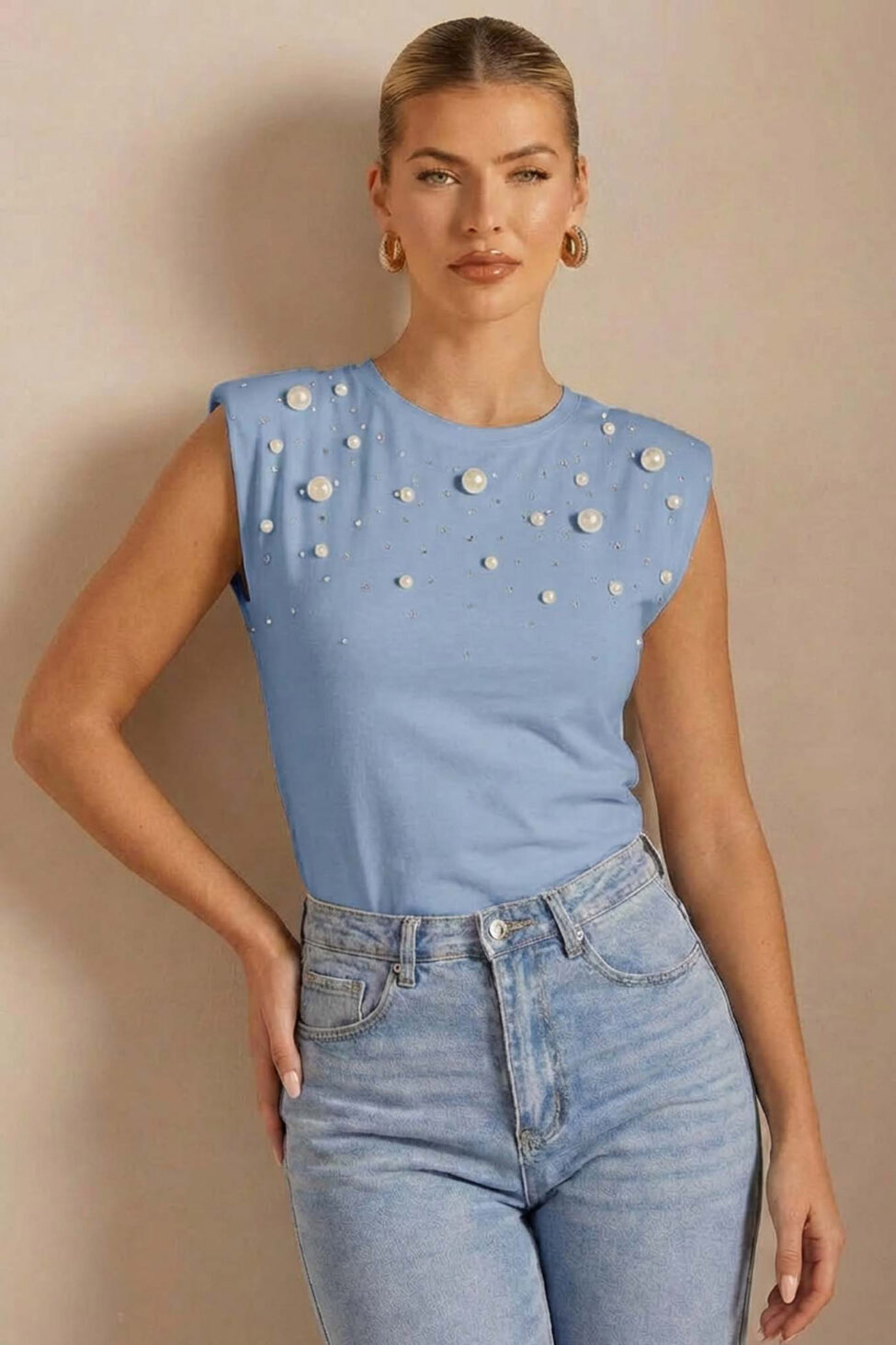 Immortal αμάνικη μπλούζα με βάτες και πέρλες σιελ - Image 2
