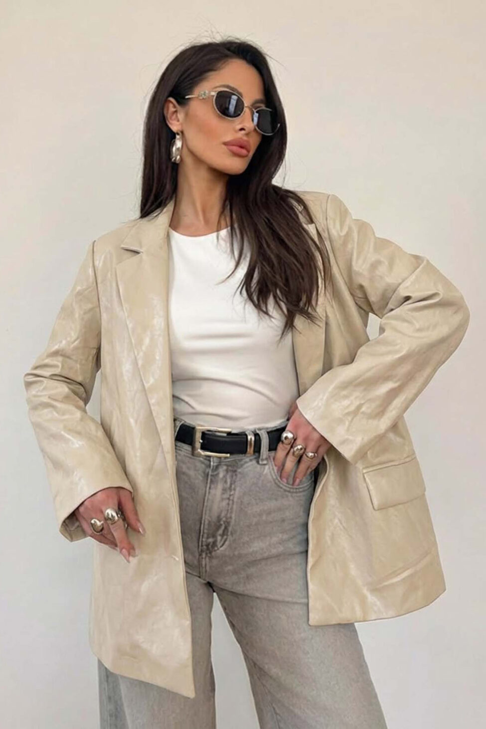 Jaine oversized σακάκι με όψη δέρματος εκρού - Image 2