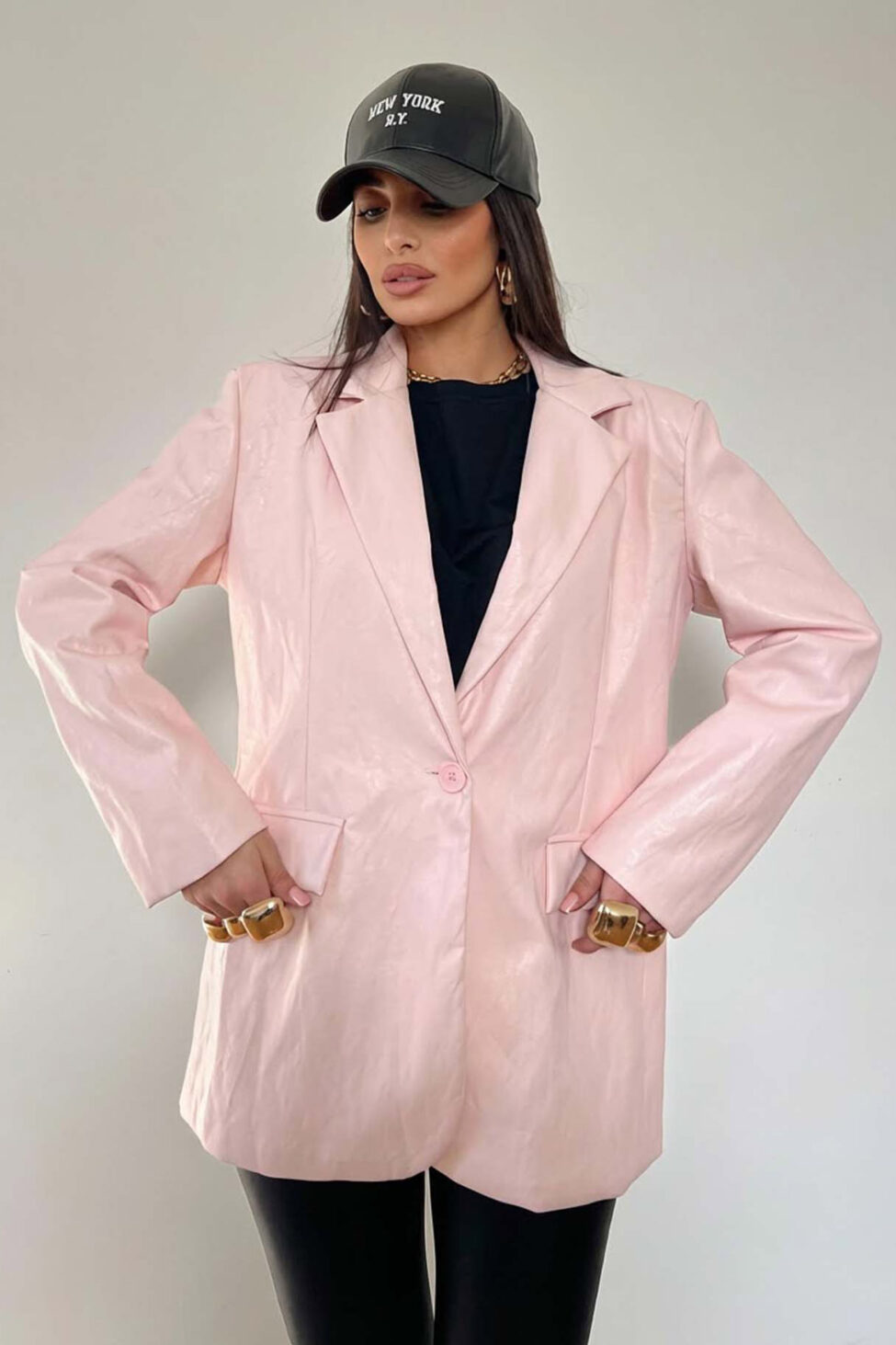 Jaine oversized σακάκι με όψη δέρματος ροζ - Image 2