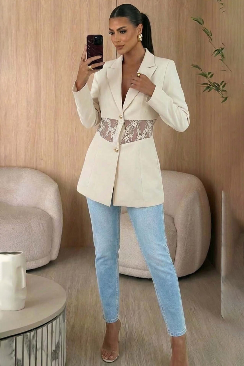 Jordan σακάκι με διαφανή δαντέλα στη μέση εκρού - Image 2